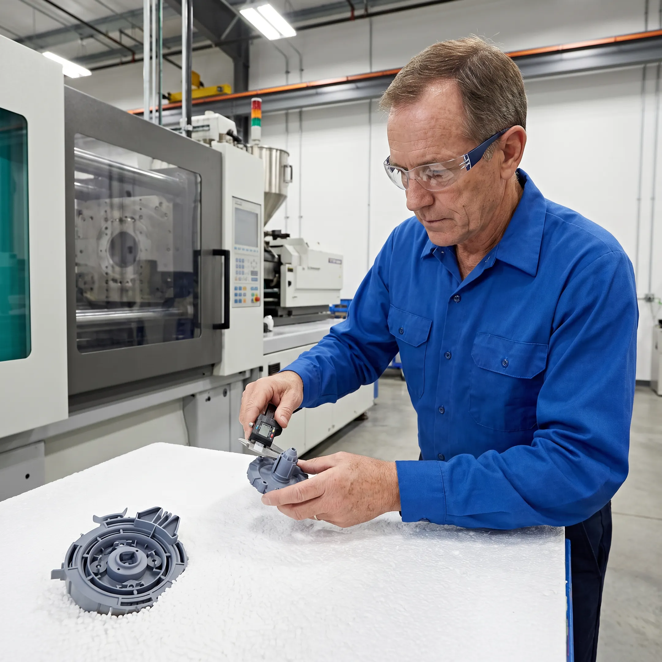 Engineer inspecting molded plastic part