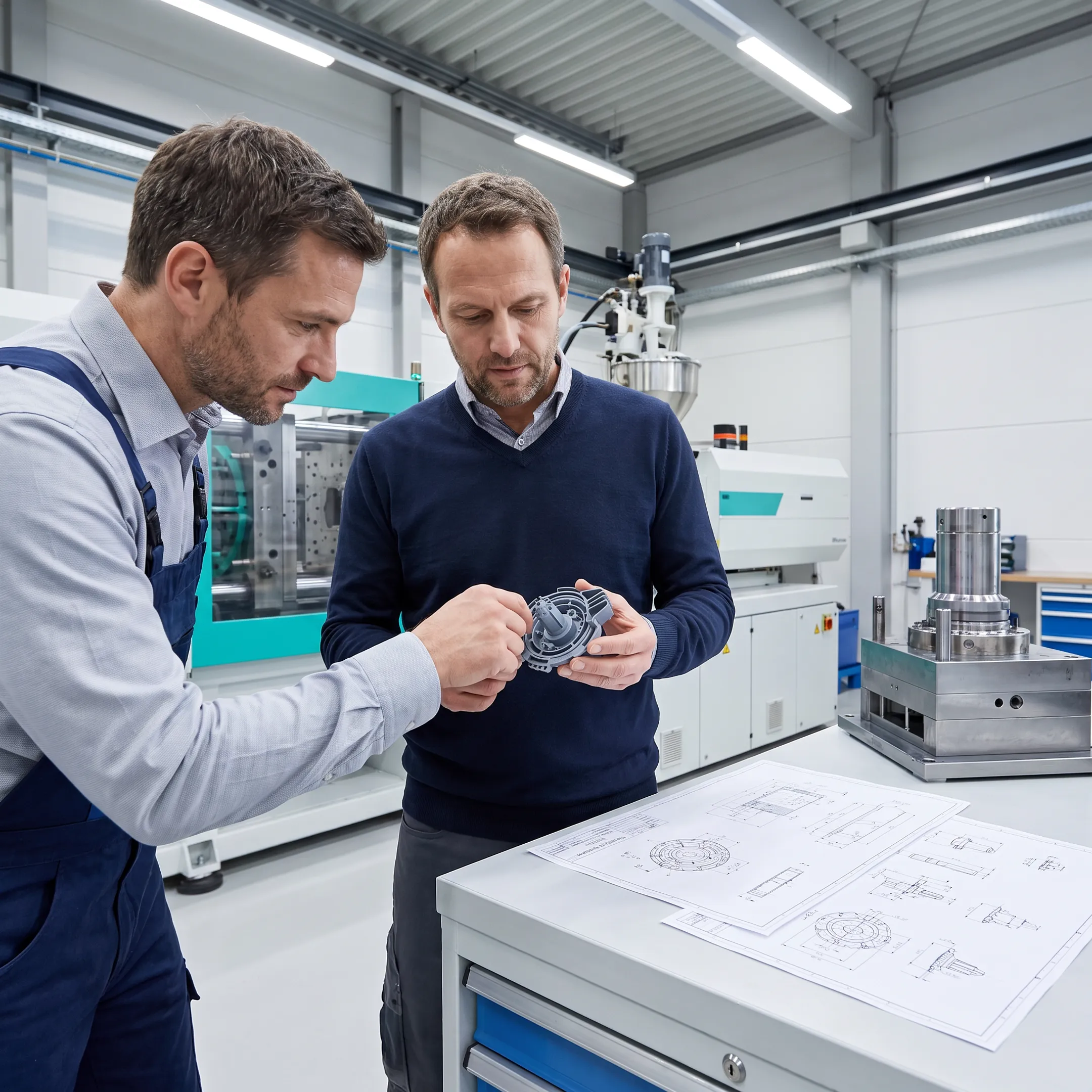 Engineers reviewing molded component design