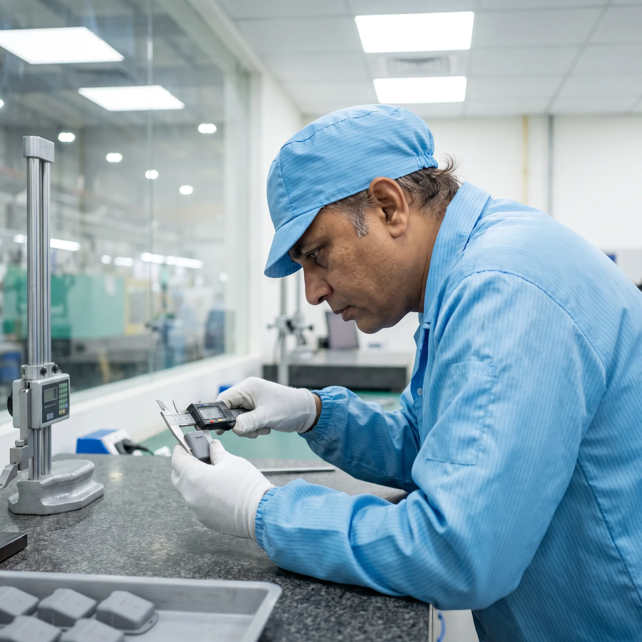 Engineer inspecting a precision molded plastic component