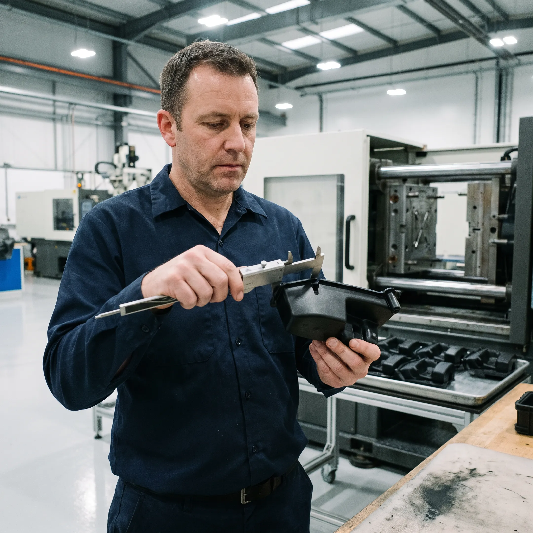 Engineer reviewing molded plastic component