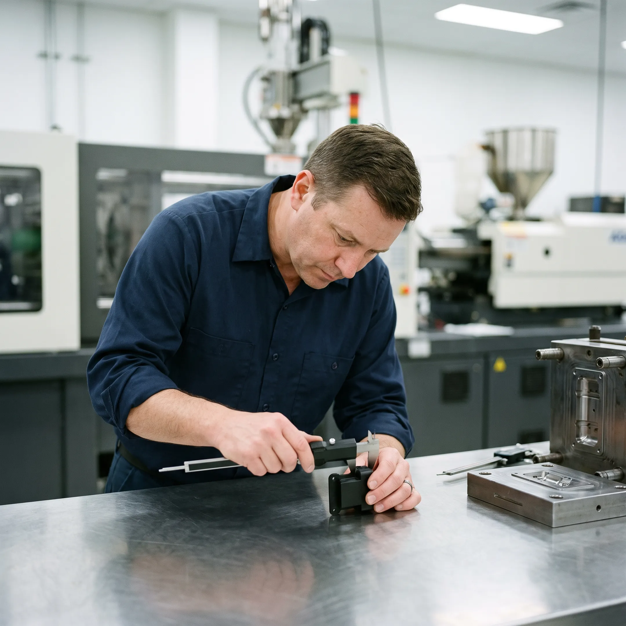 Engineer inspecting molded plastic part