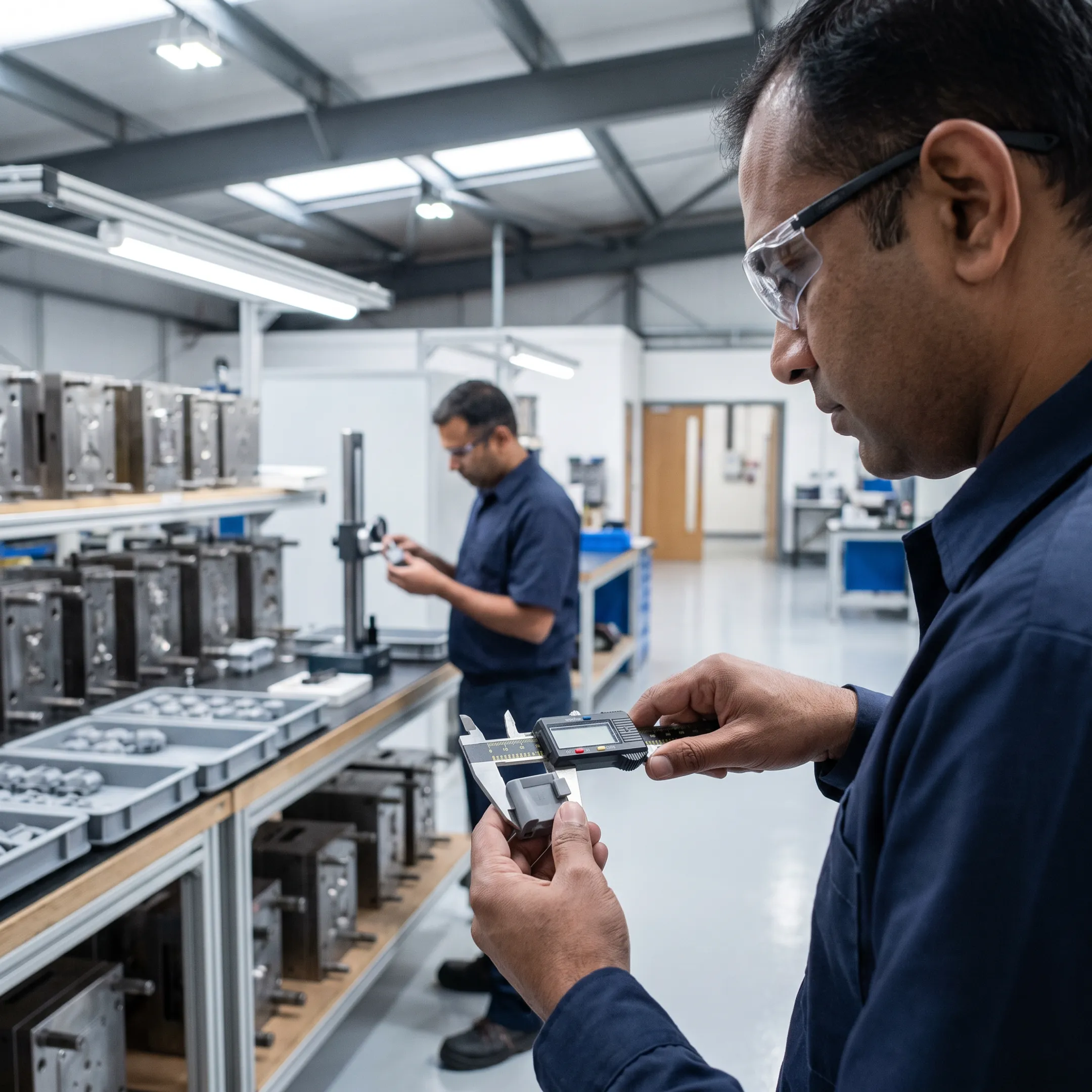 Engineers inspecting precision molded plastic parts