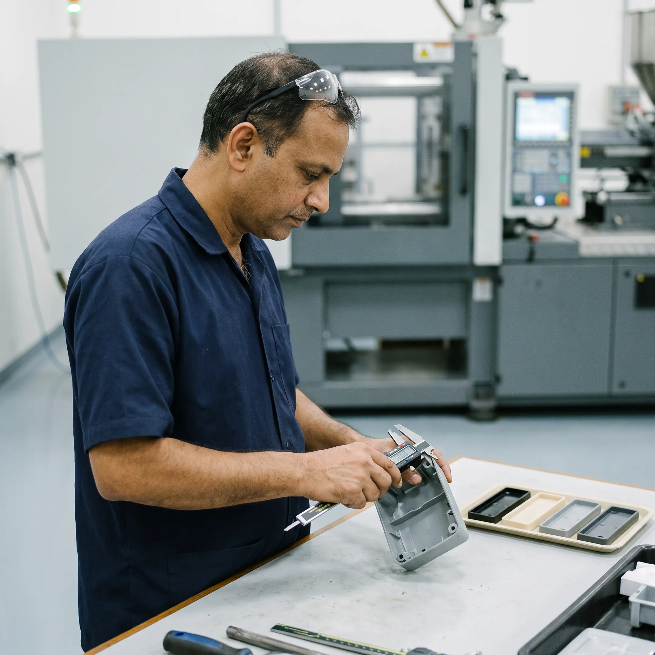 Engineer reviewing molded plastic component