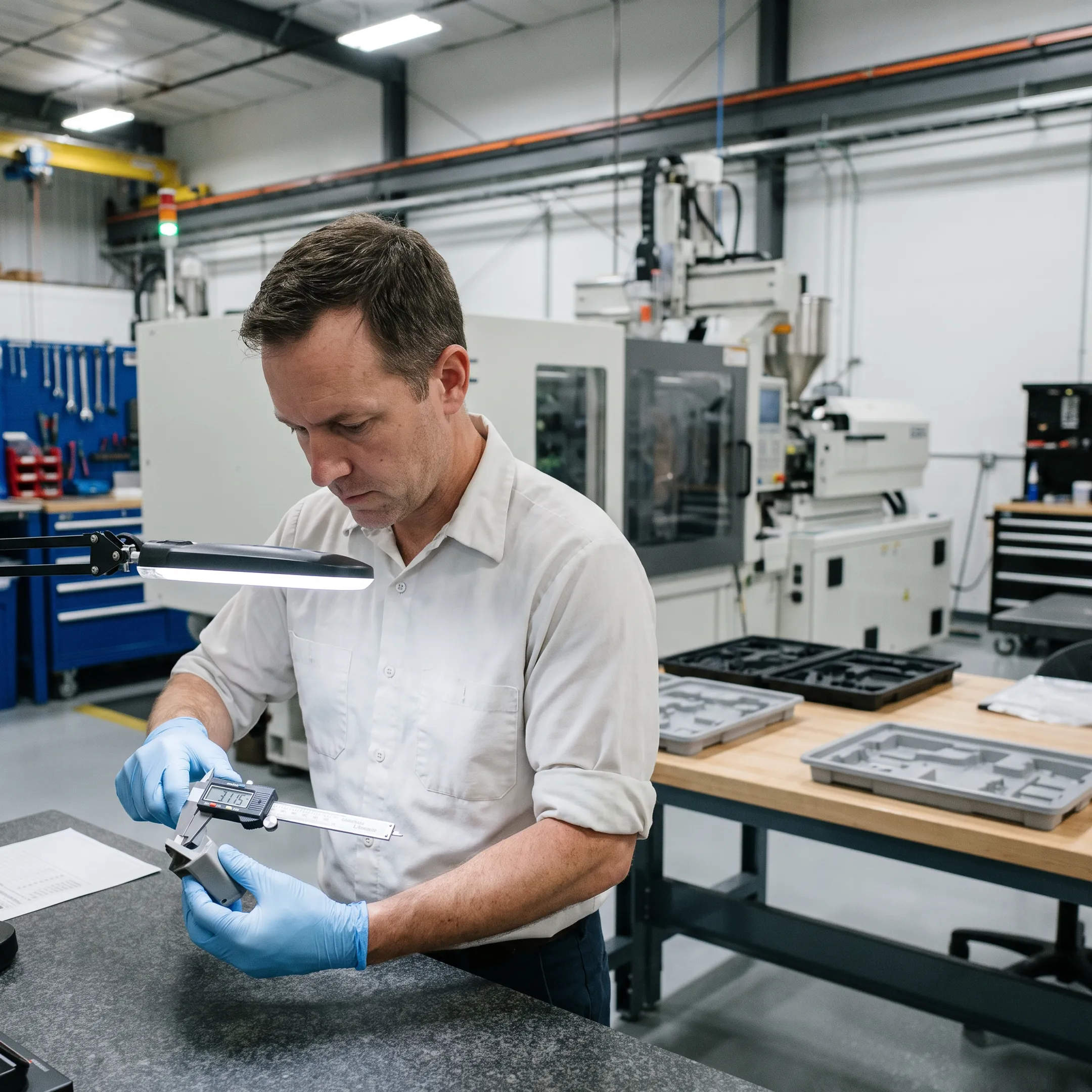Engineer inspecting molded plastic part