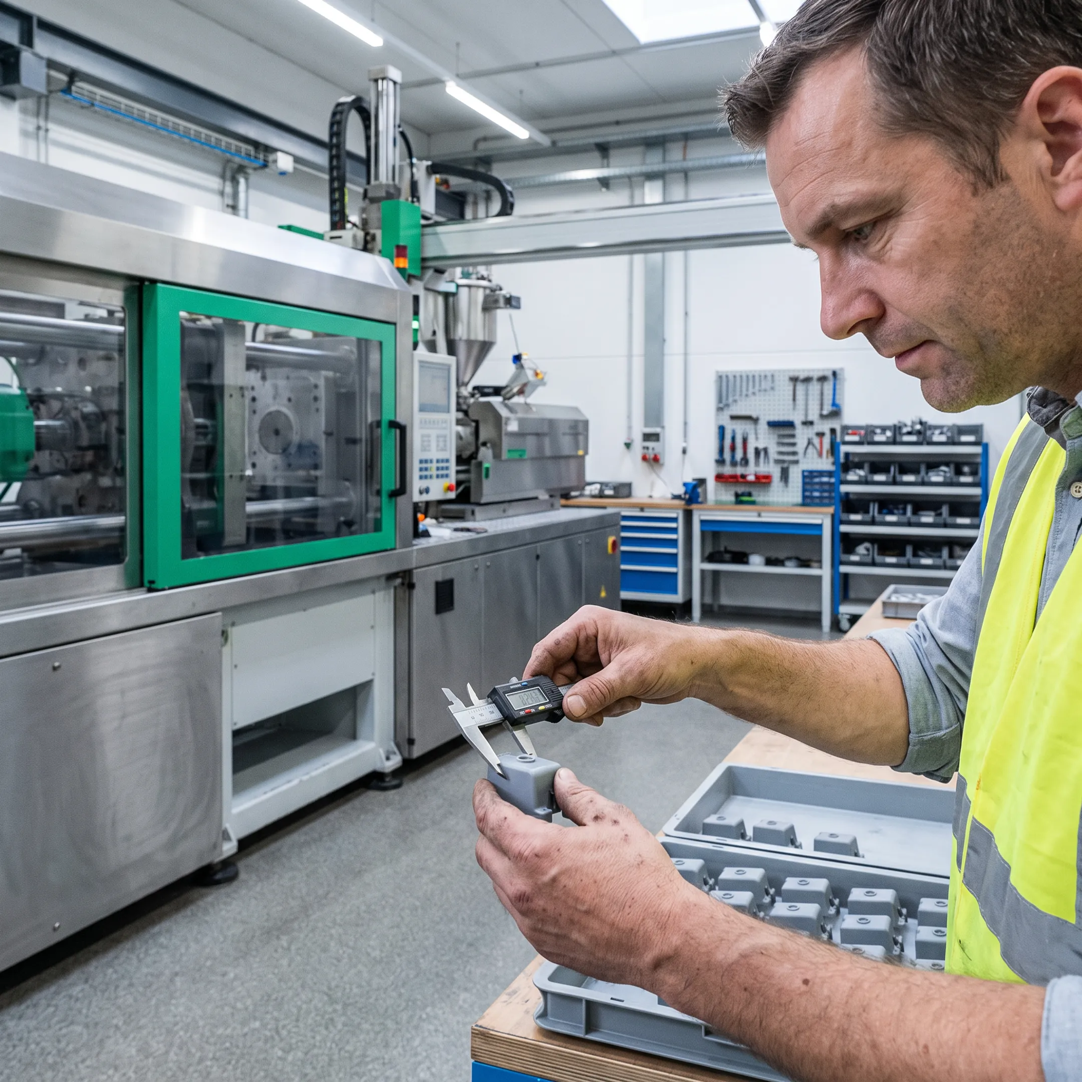 Engineer reviewing molded plastic parts