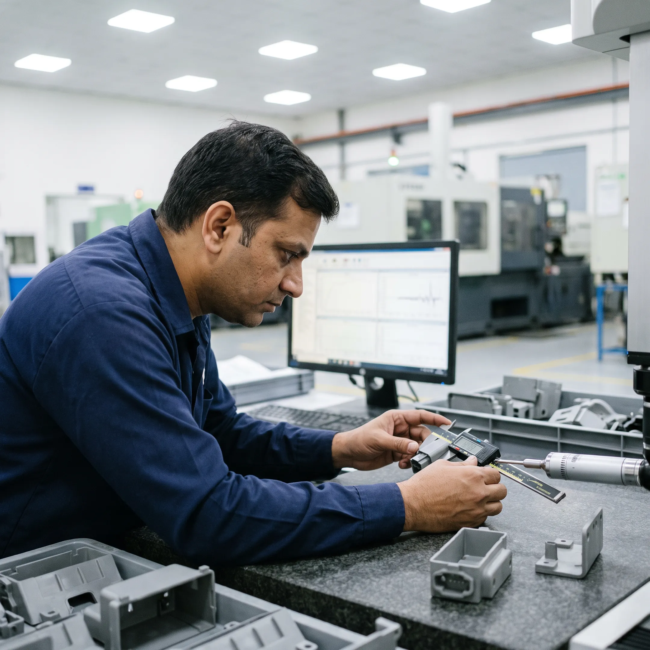 Engineer inspecting molded plastic part