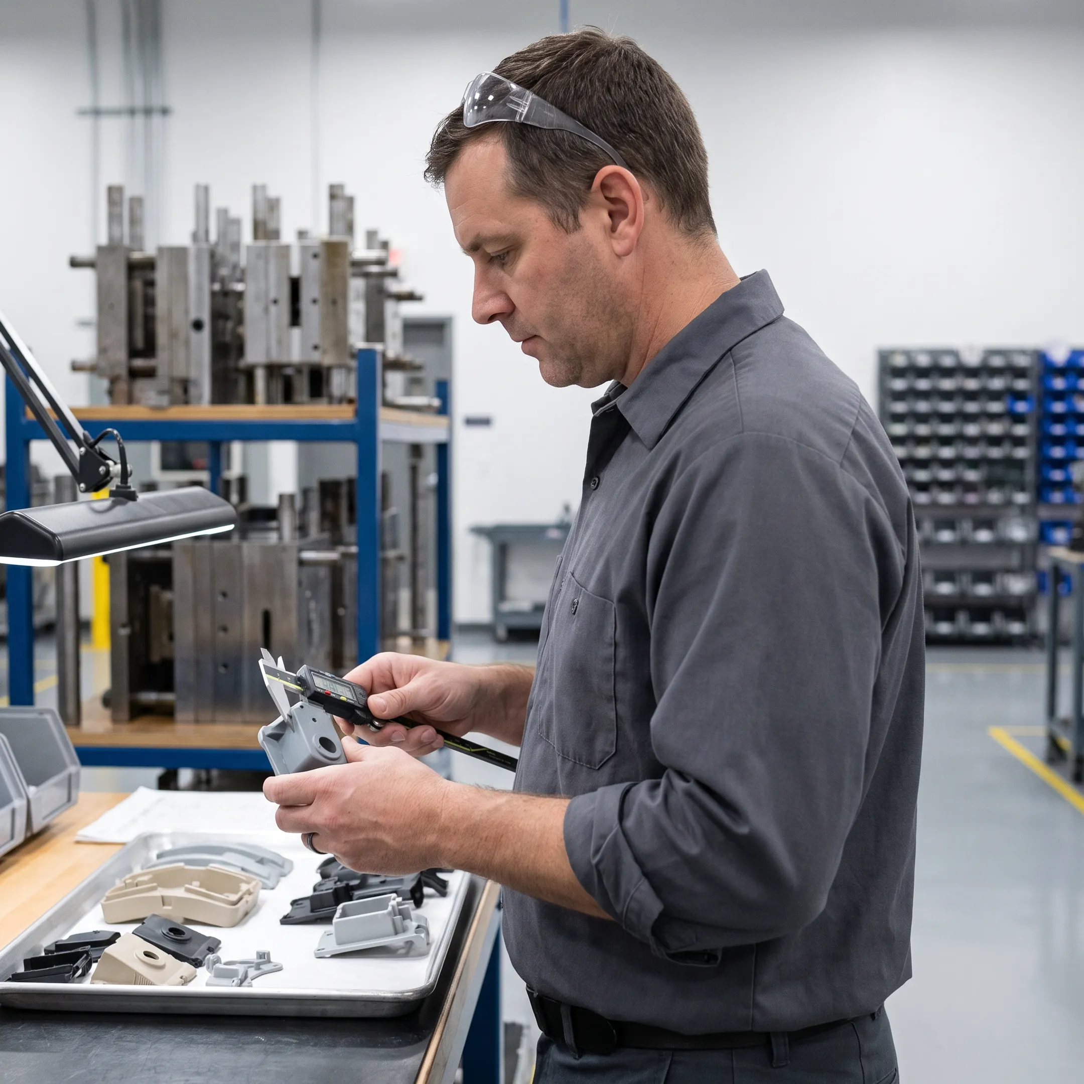 Engineer inspecting molded plastic components