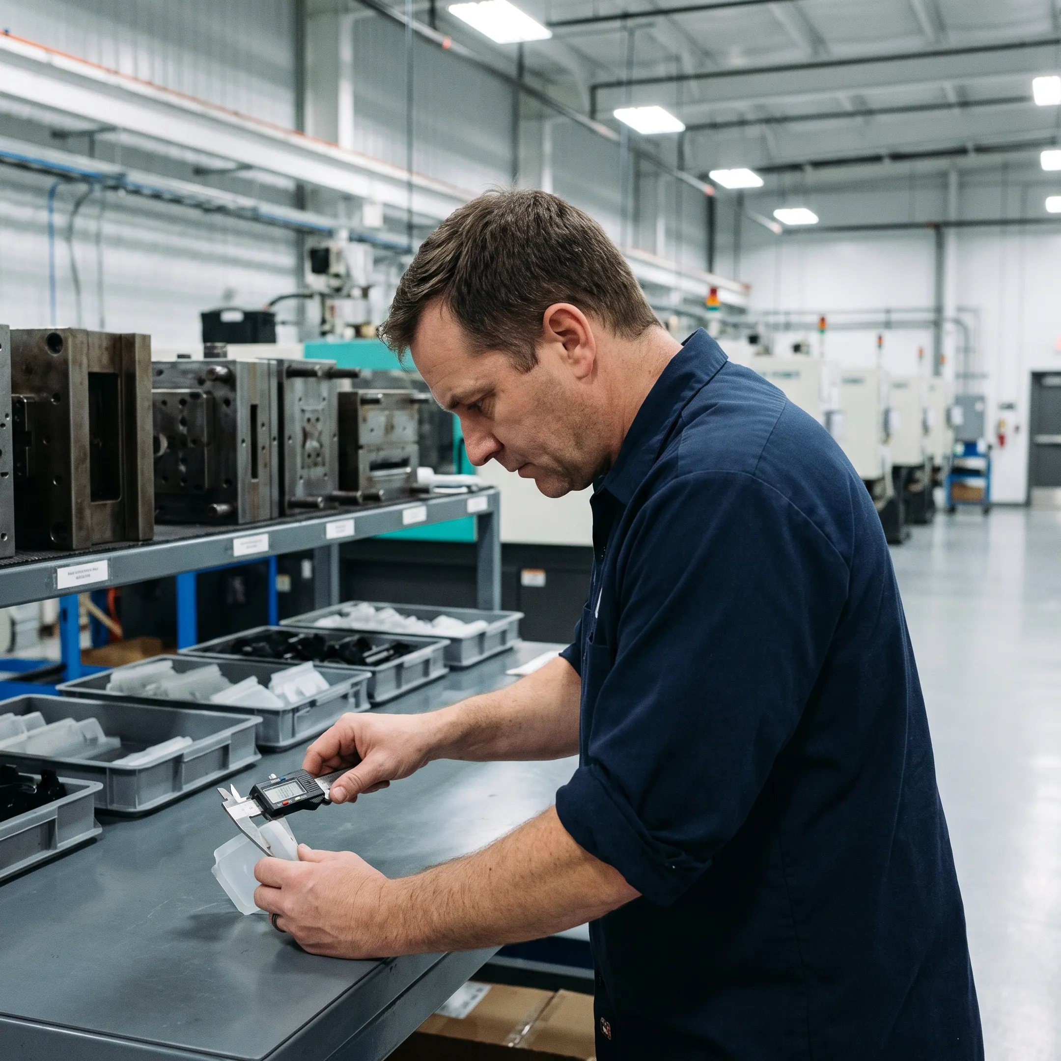 Engineer inspecting molded polymer component