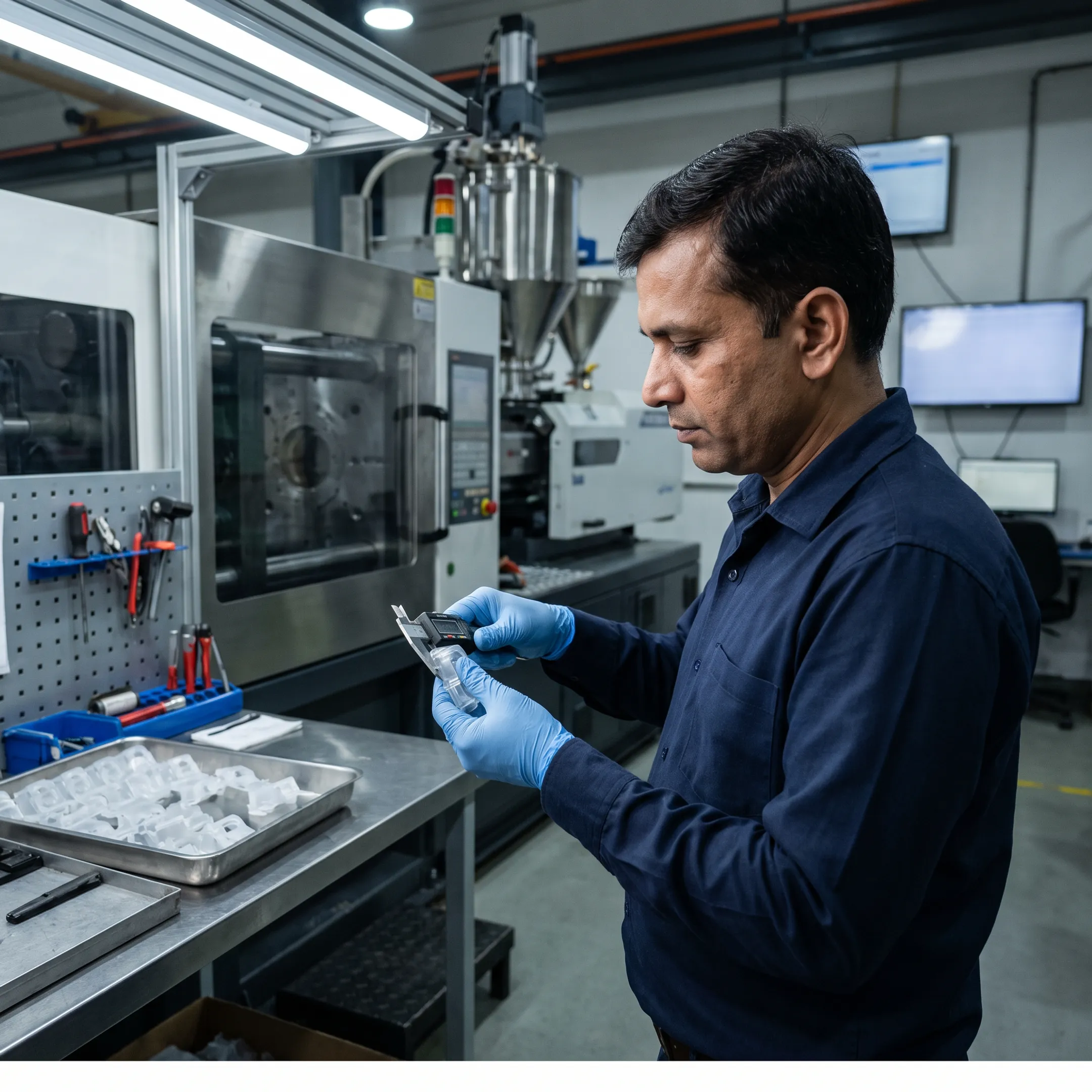Engineer inspecting molded plastic component