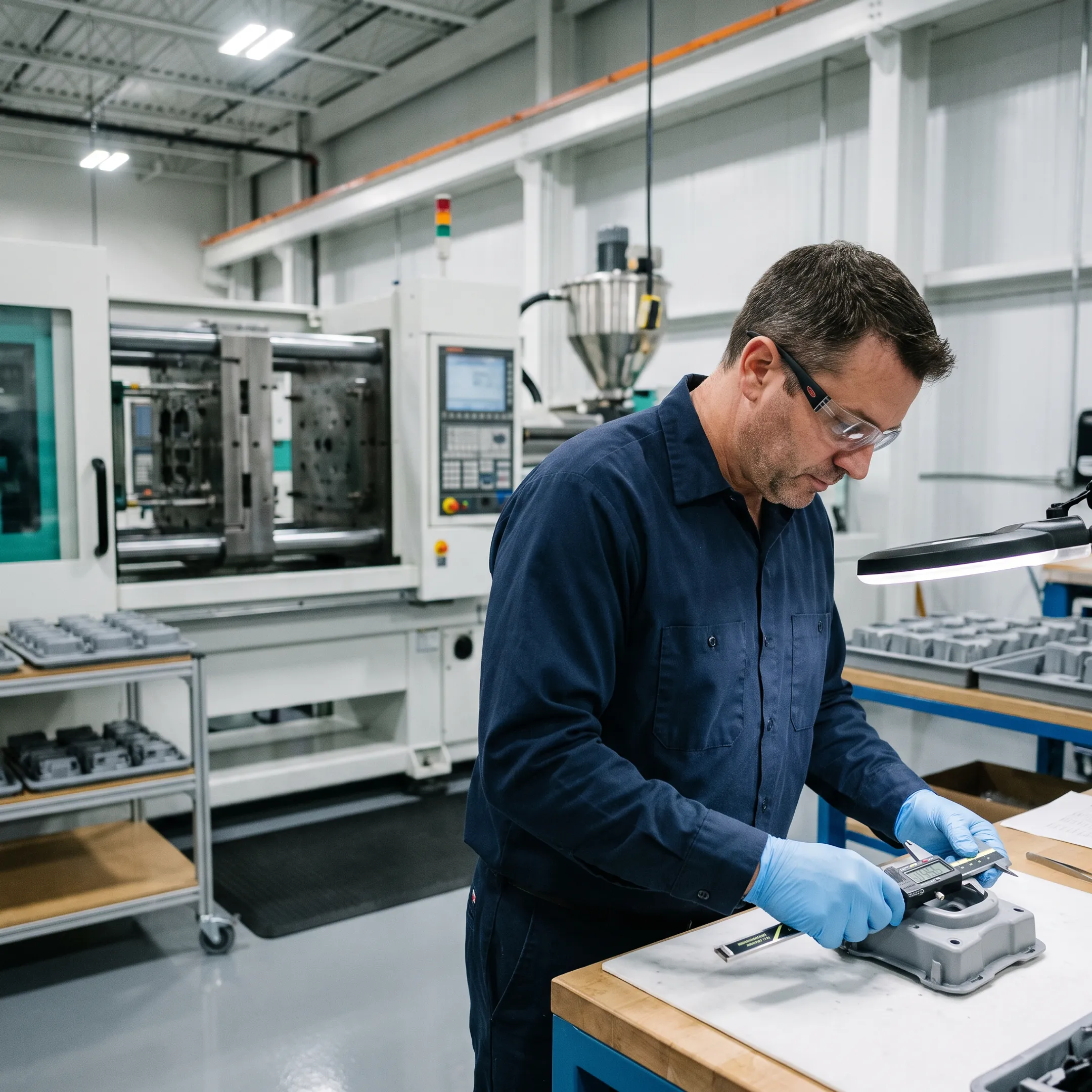 Engineer inspecting a precision moulded plastic part