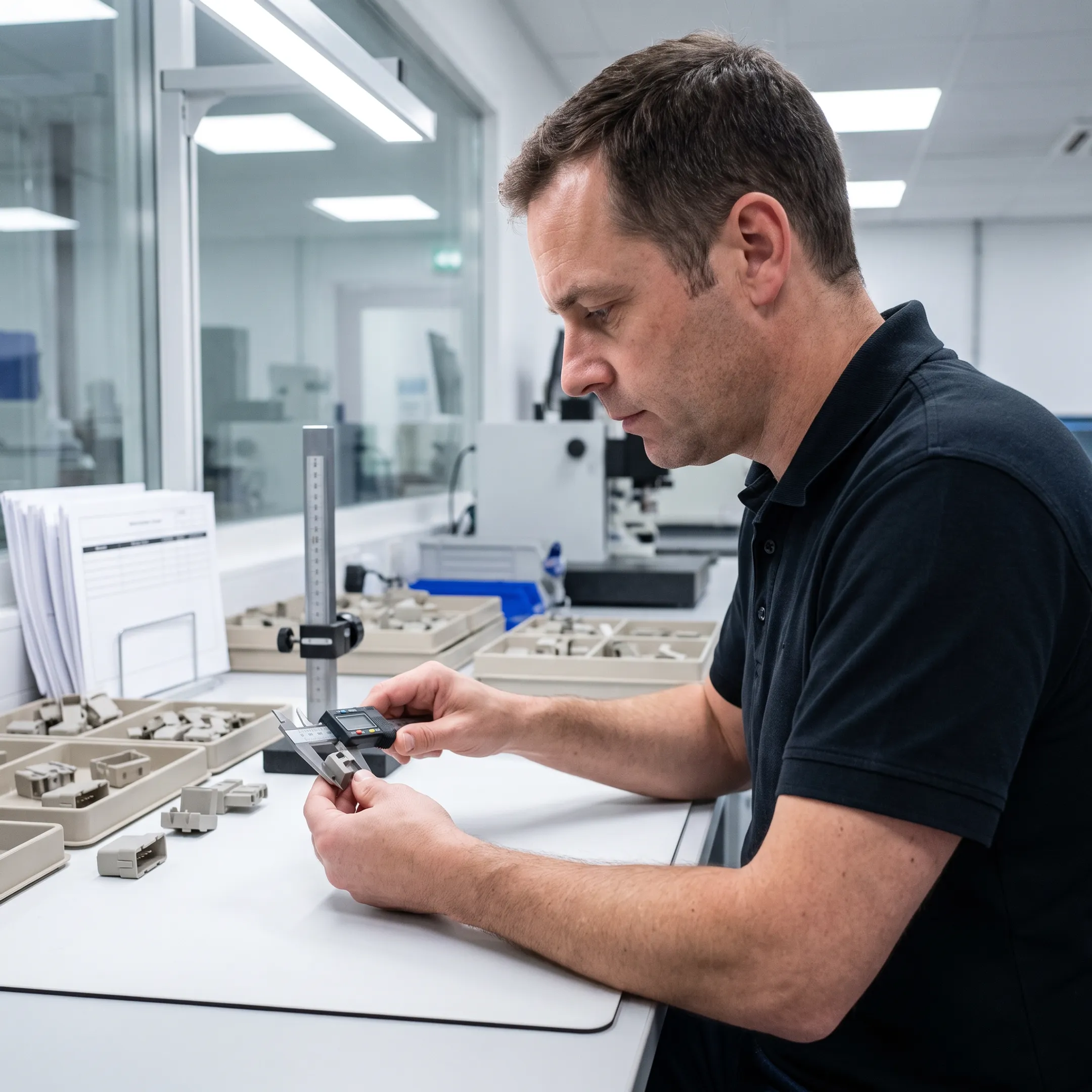 Engineer inspecting molded plastic part