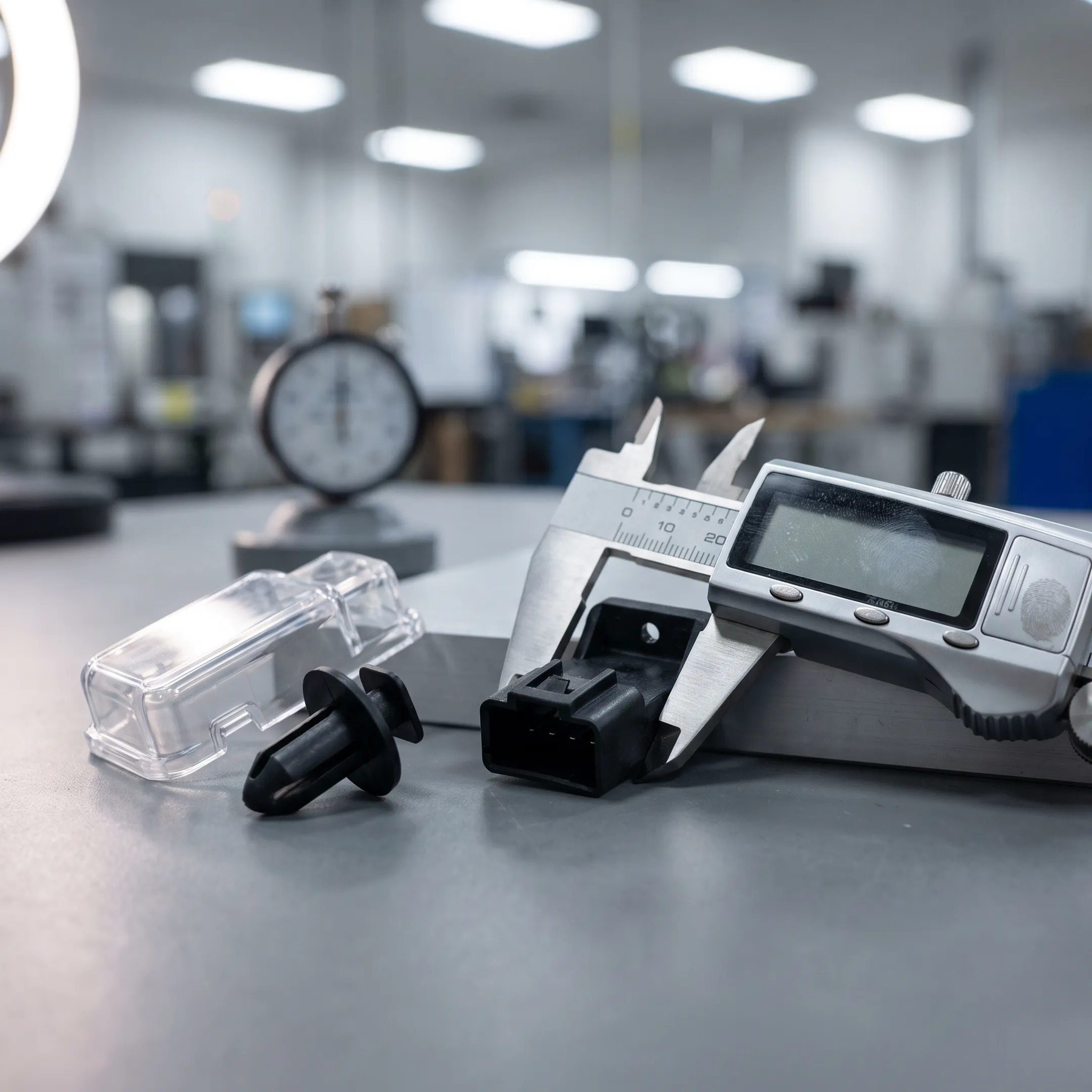 Precision plastic components and polymer parts on quality inspection table