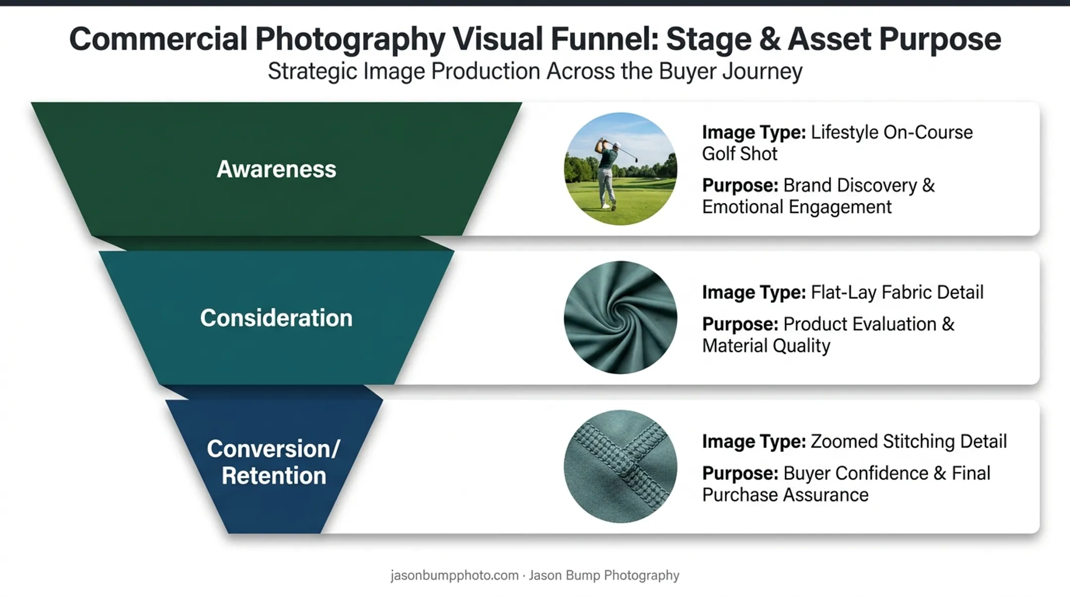 Marketing funnel stages mapped to photography types for golf apparel brand