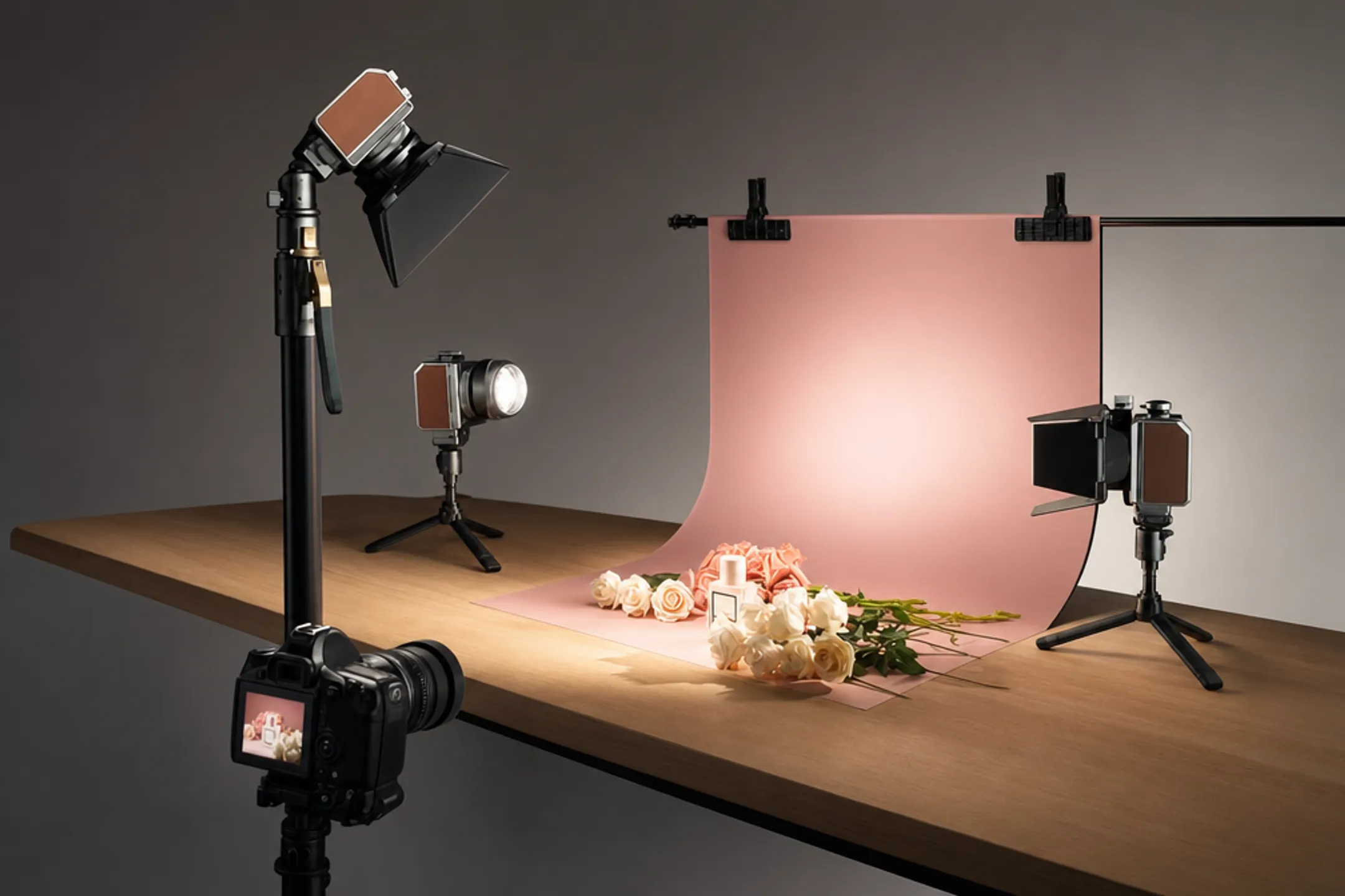 Professional product photography studio setup with lighting equipment and backdrop