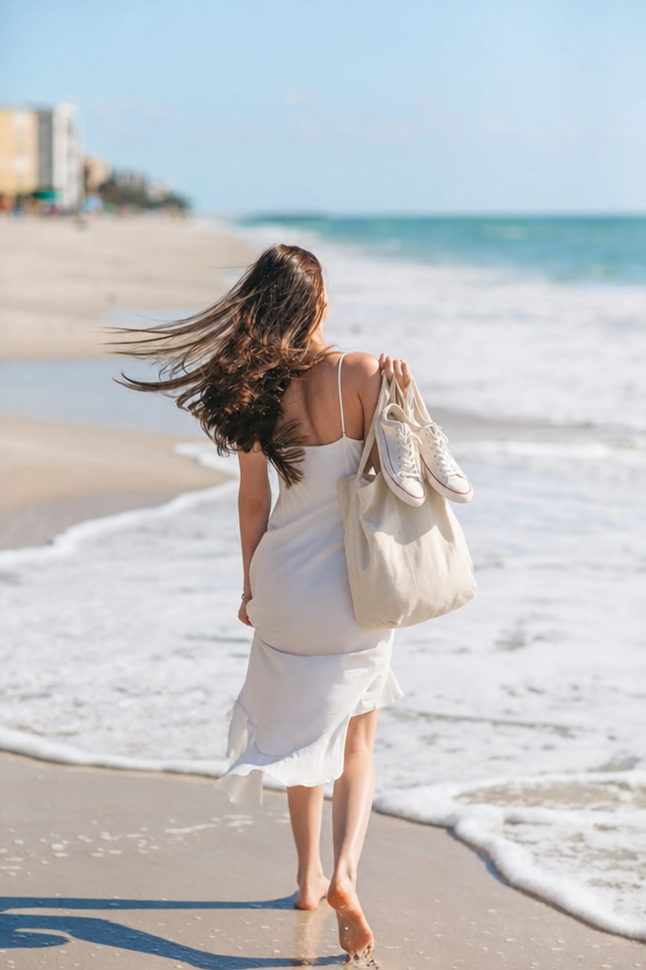 model holding sneakers on sunlit beach with ocean waves
