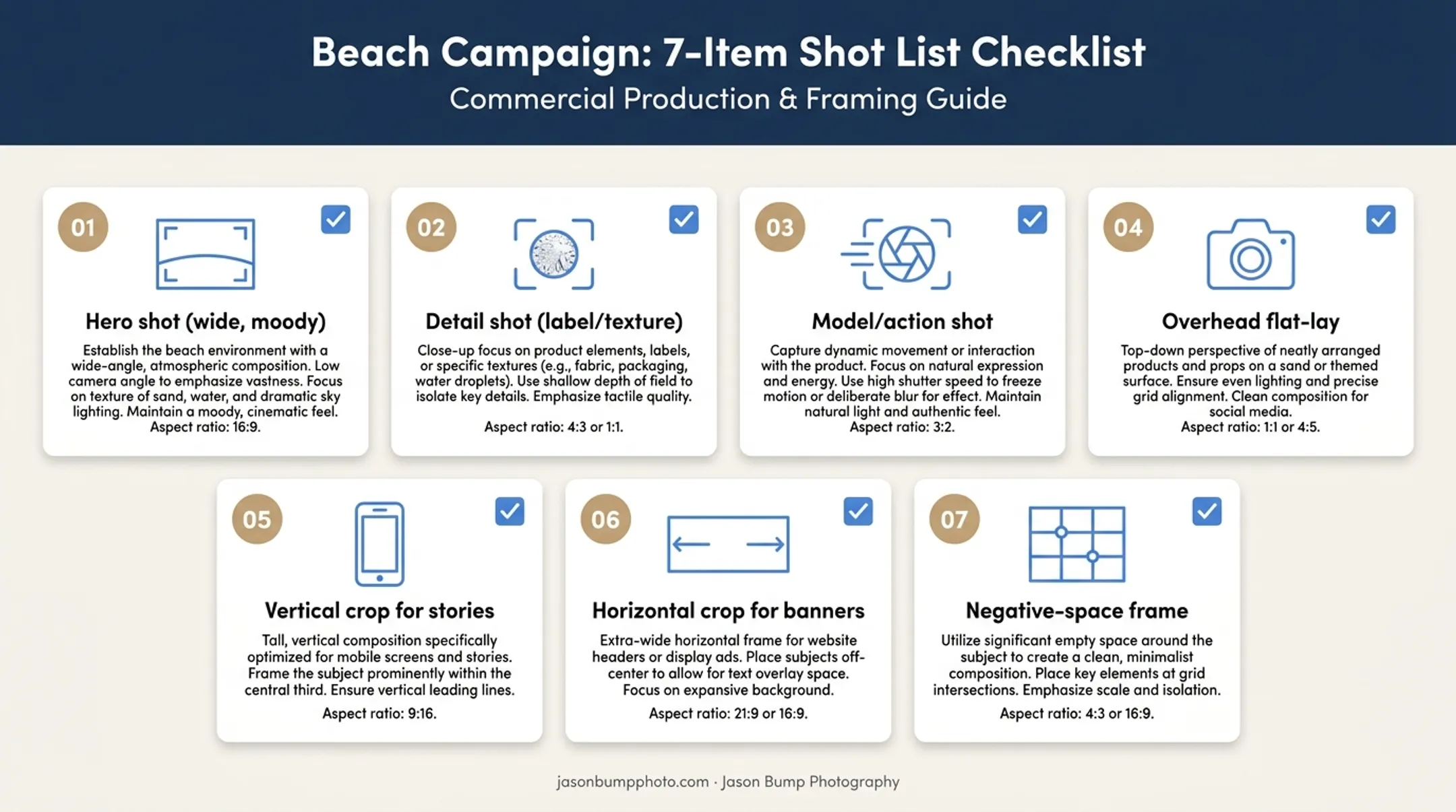 7-shot beach product photography campaign shot list checklist