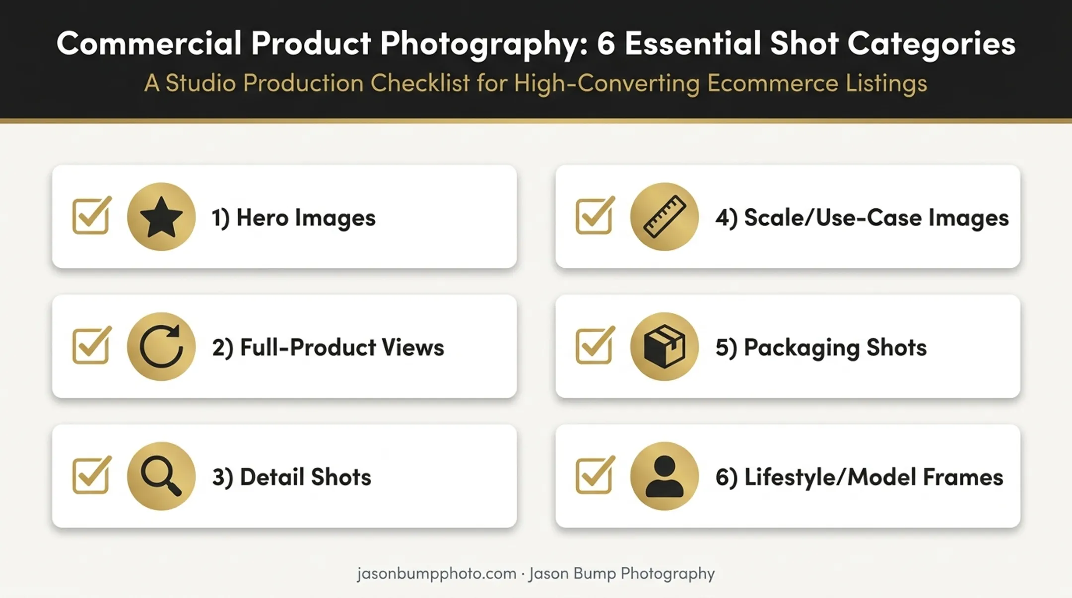 Six-category shot list checklist for luxury product photoshoots