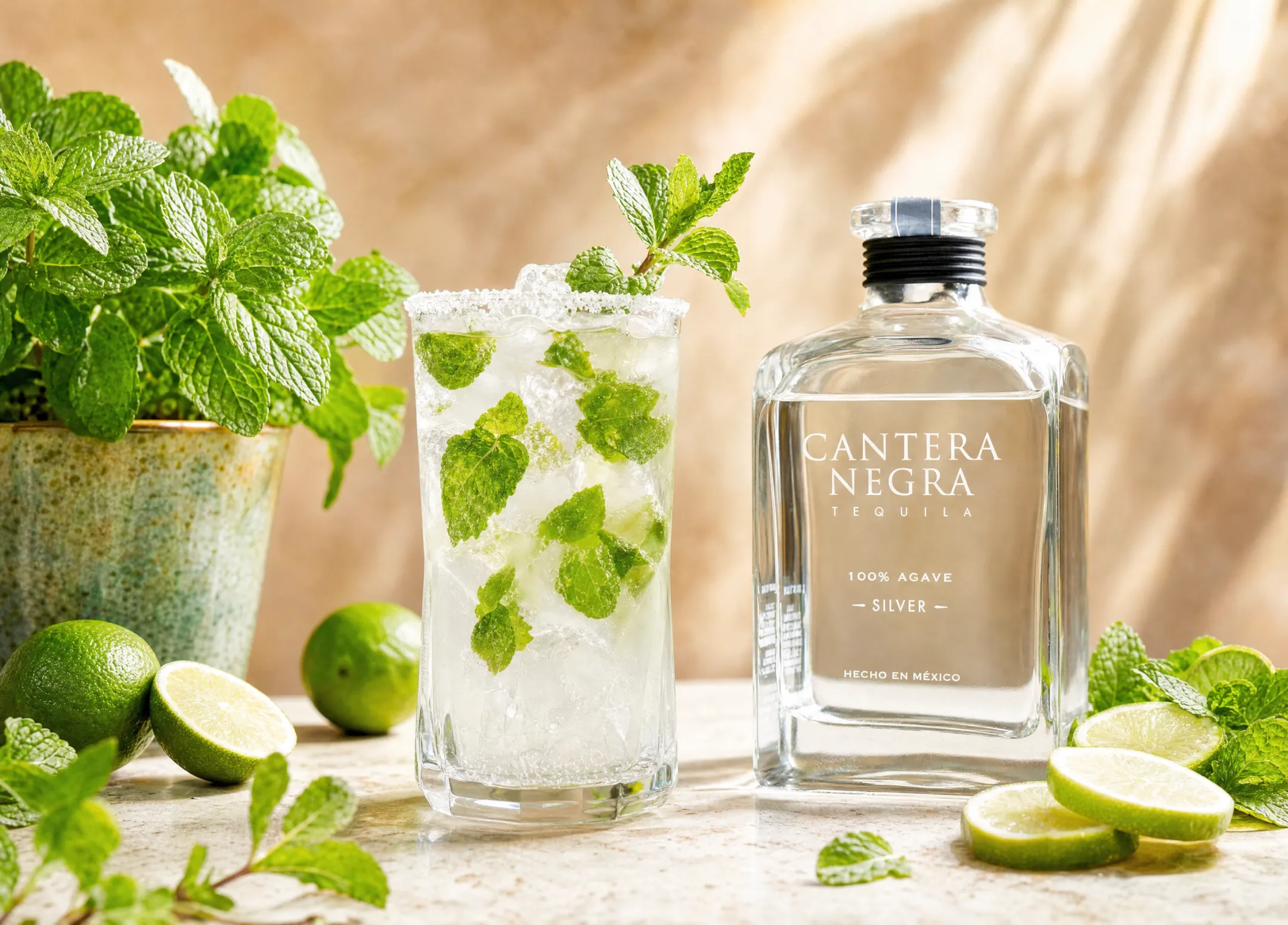Styled luxury tequila bottle photoshoot with limes and salt props