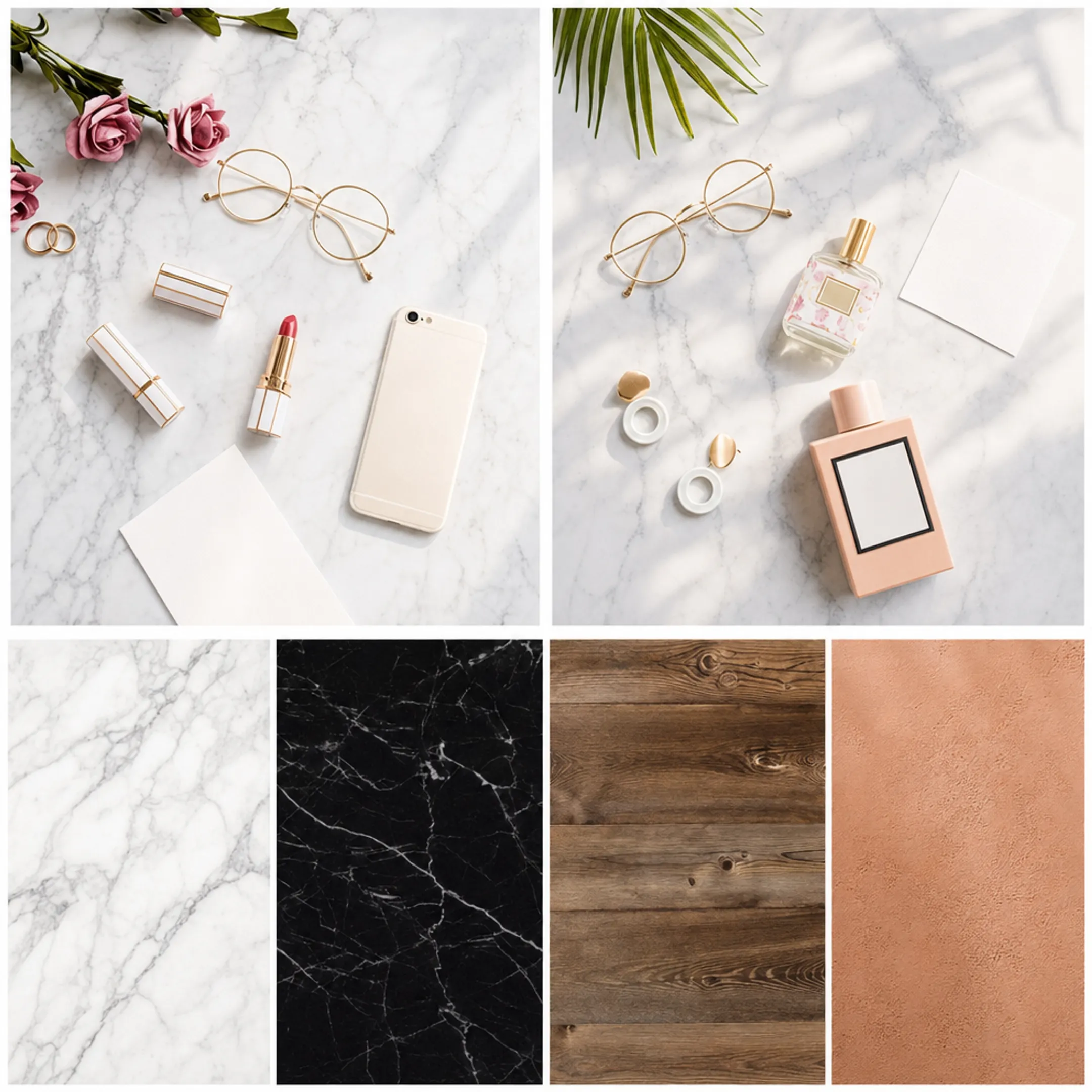 Lifestyle product photography on marble wood and colored backdrops