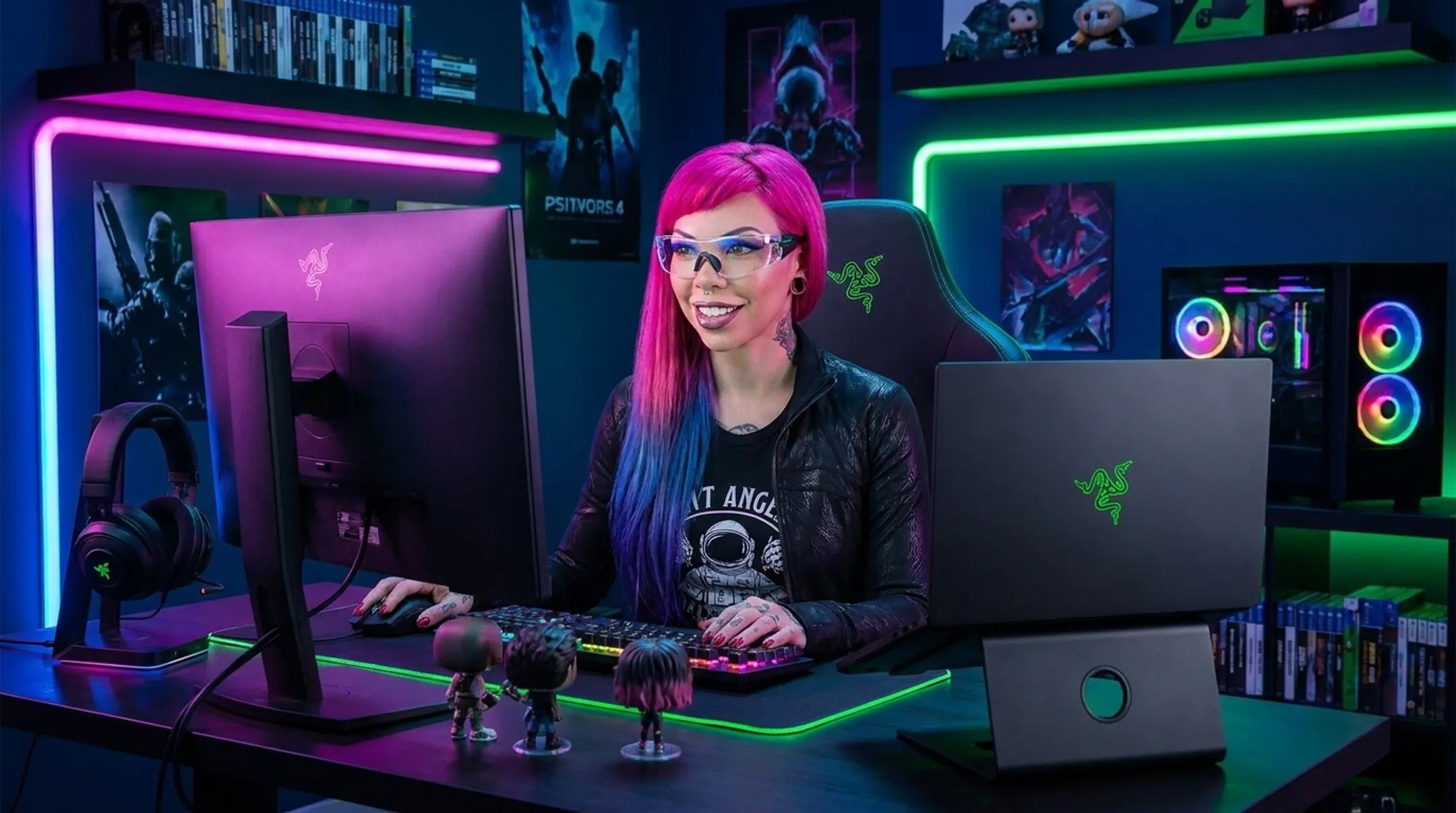 Model wearing gaming eyewear with neon lighting lifestyle photography