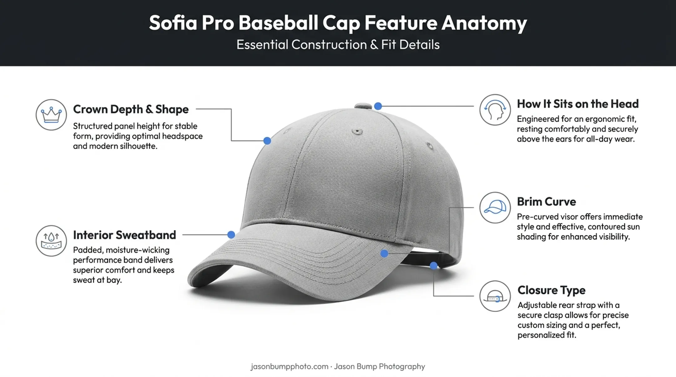 Hat anatomy diagram showing crown brim closure and sweatband features