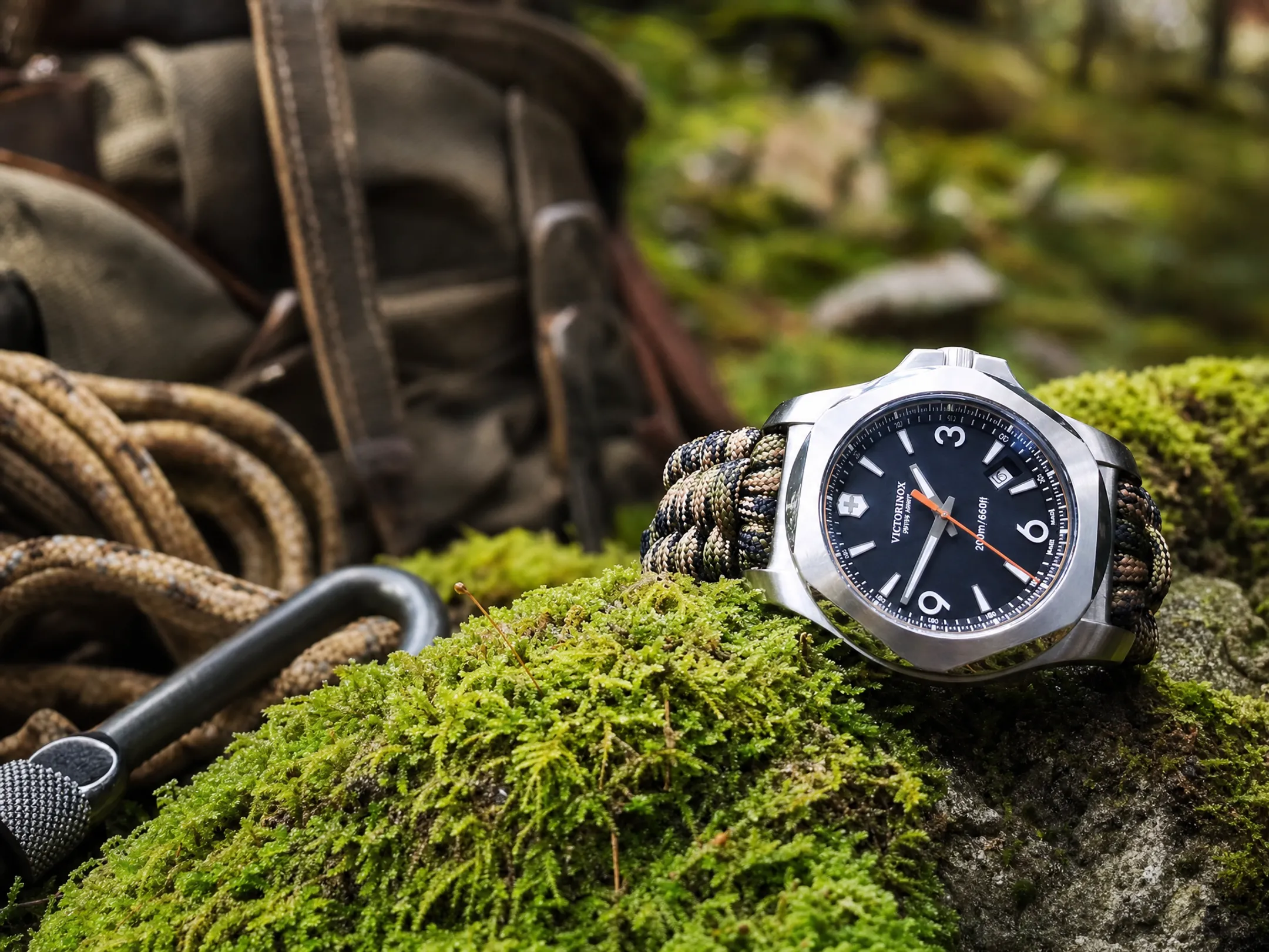 Adventure watch styled with outdoor hiking gear and rugged textures