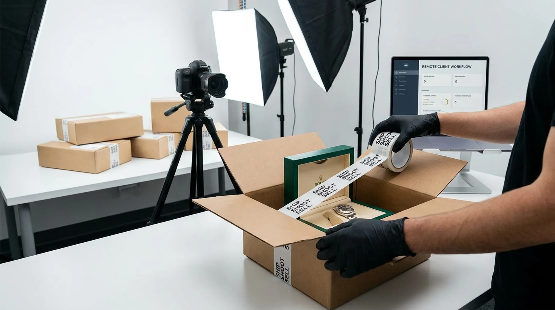 Ship Shoot Sell contactless watch photography workflow packaging setup