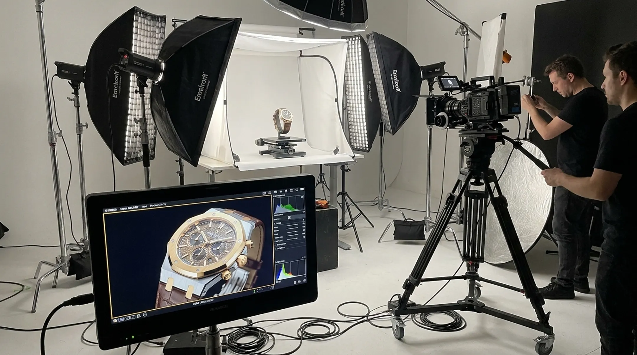 Photographer capturing luxury watch on set with tethered monitor review