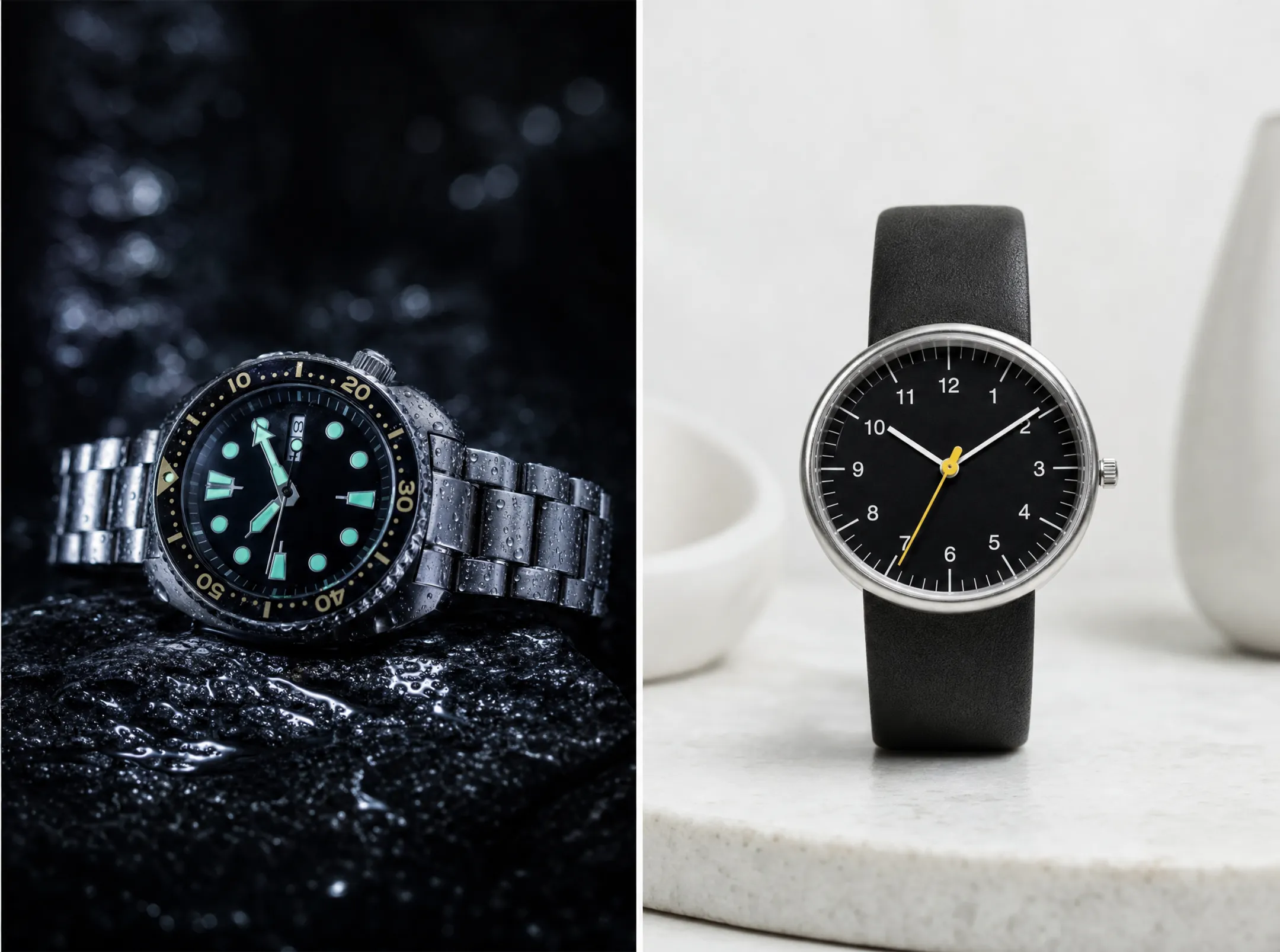 Luxury dive watch and dress watch styled photography comparison