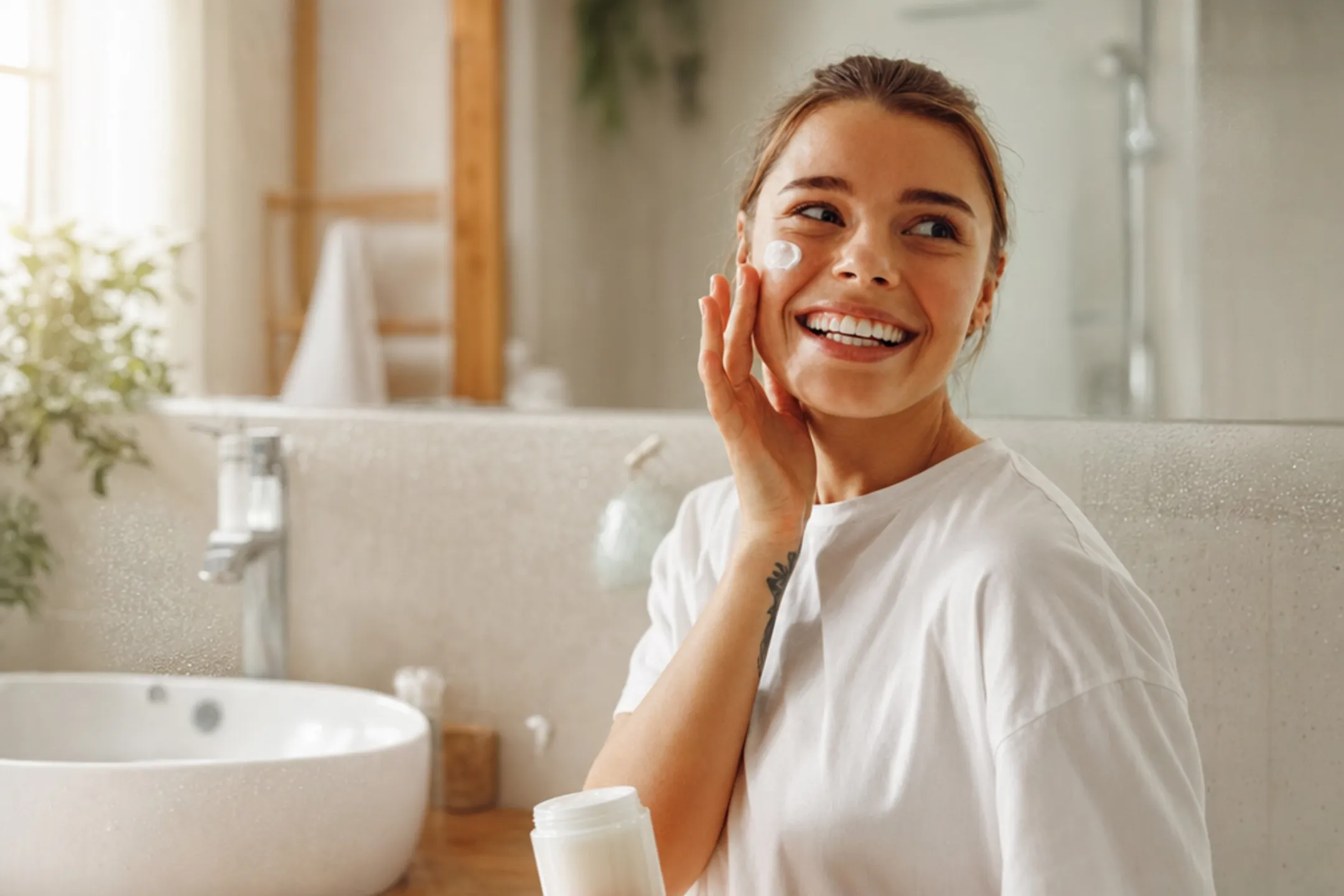 Model applying skincare lifestyle photography in bathroom setting