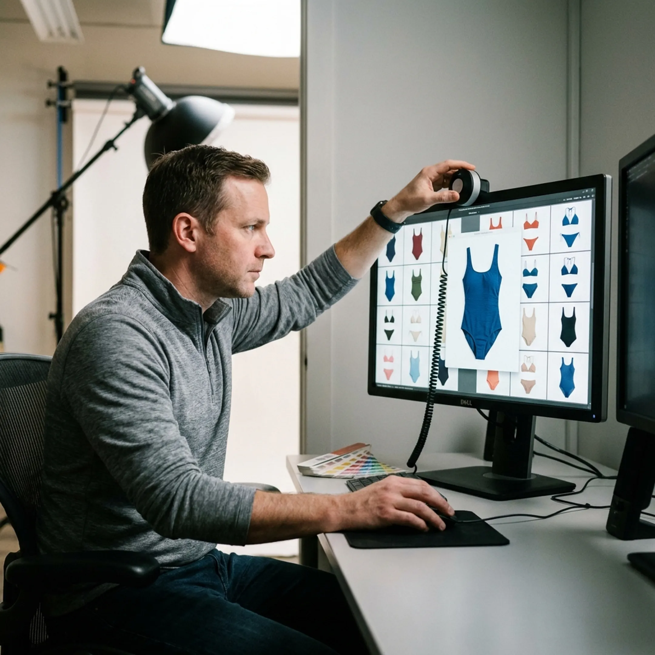 Photographer reviewing high-resolution swimwear shots on monitor