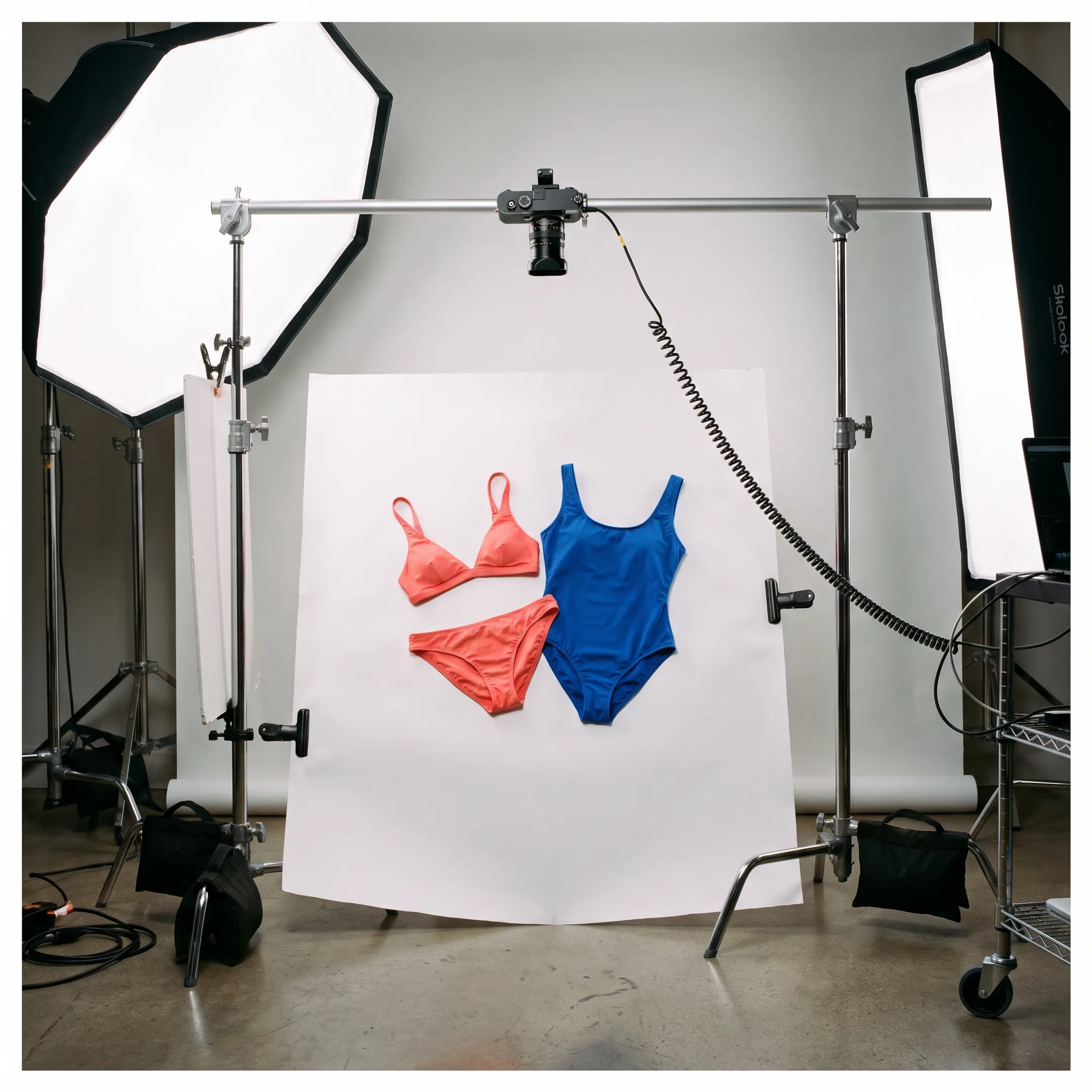 Professional swimwear product photography setup in studio
