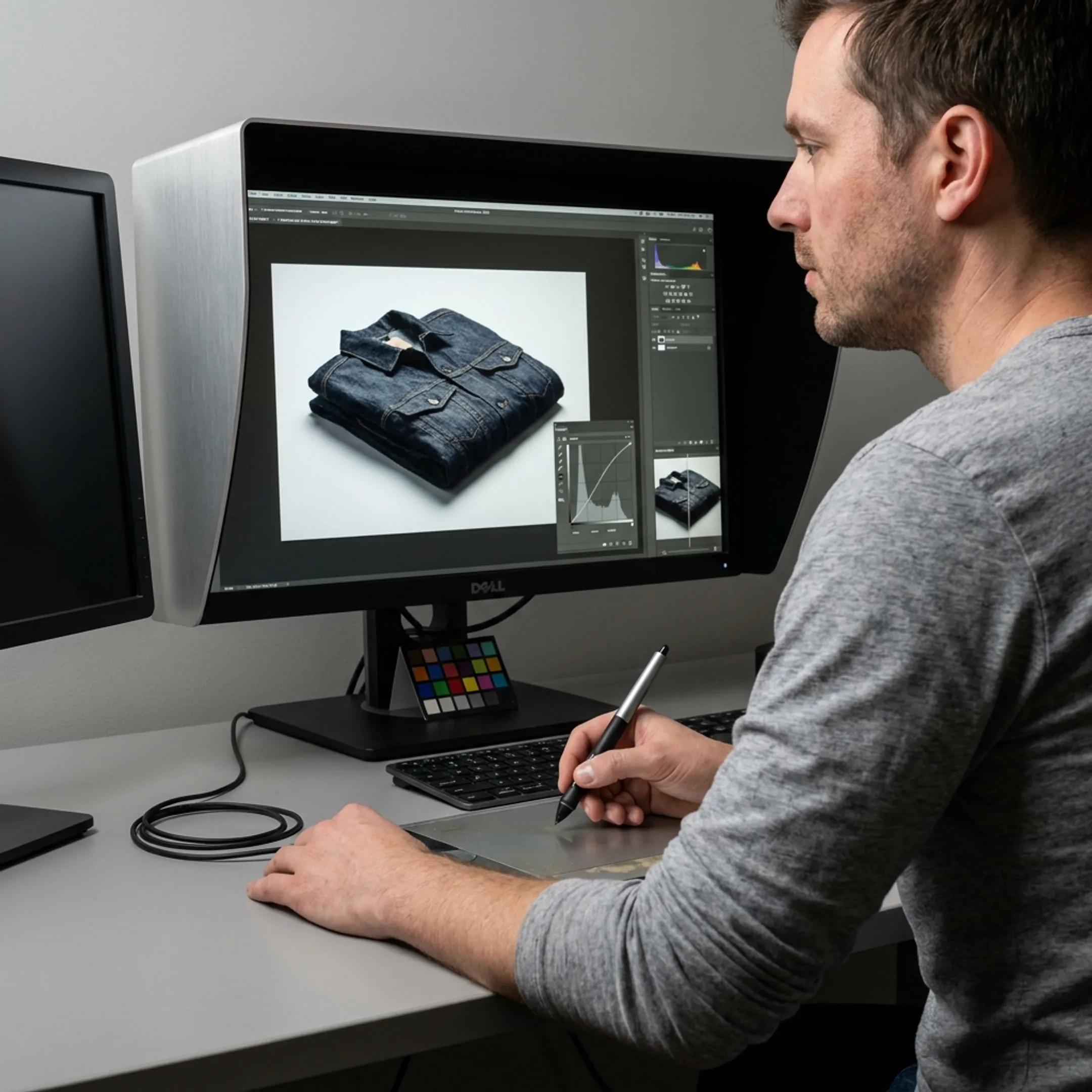 Digital artist using graphics tablet for detailed garment retouching and color balance