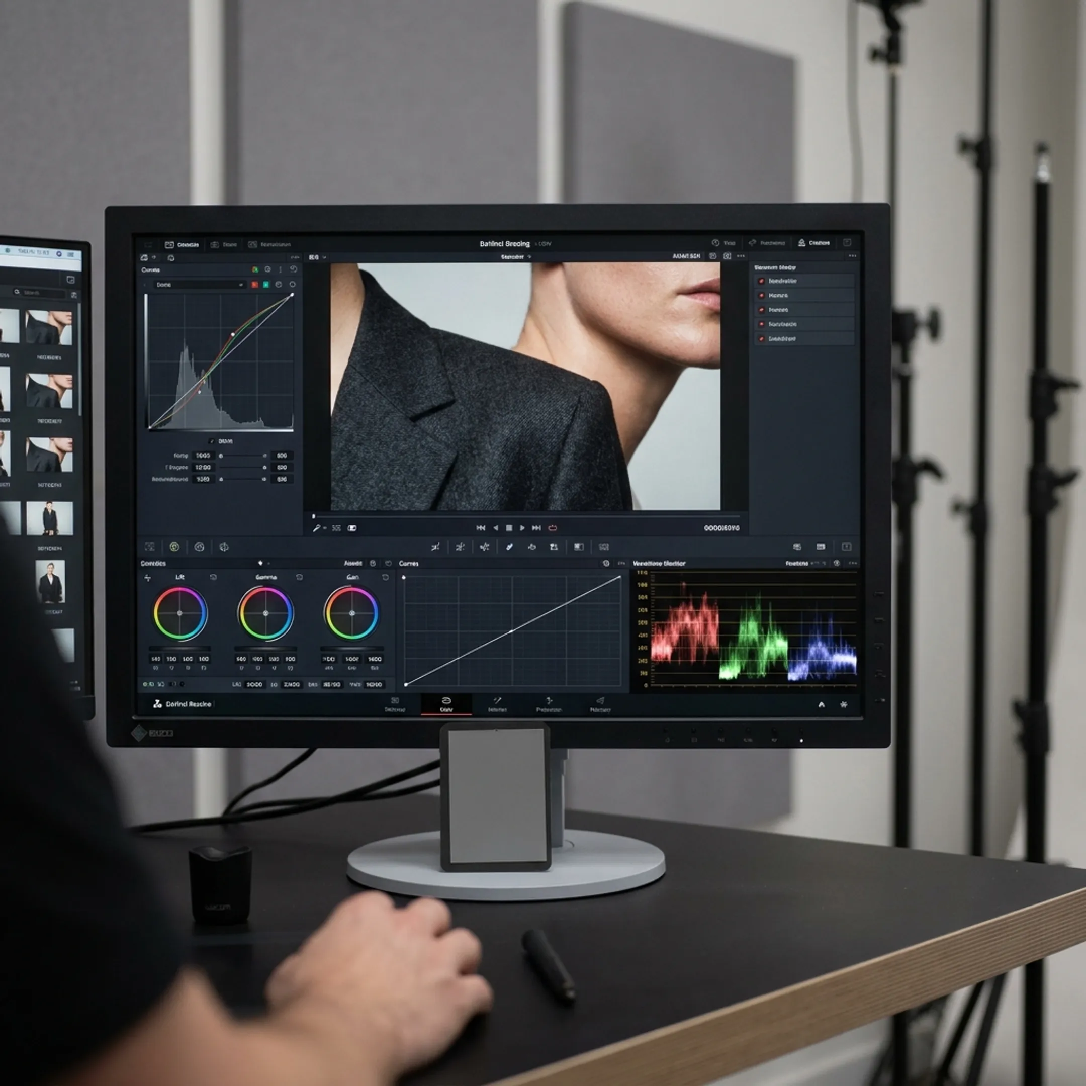 Professional fashion photo retouching showing model apparel refinement and color grading