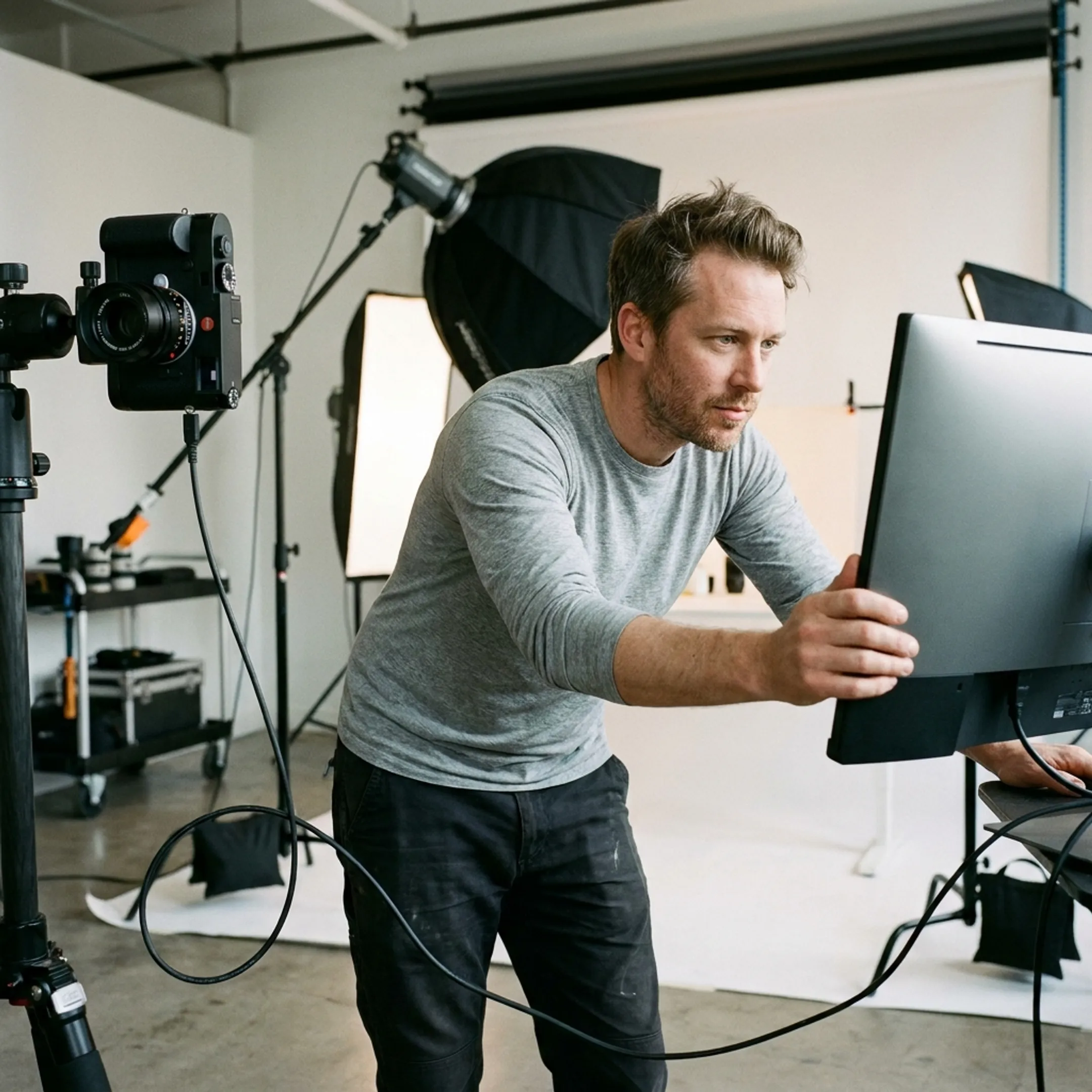 Photographer reviewing commercial product photos on monitor