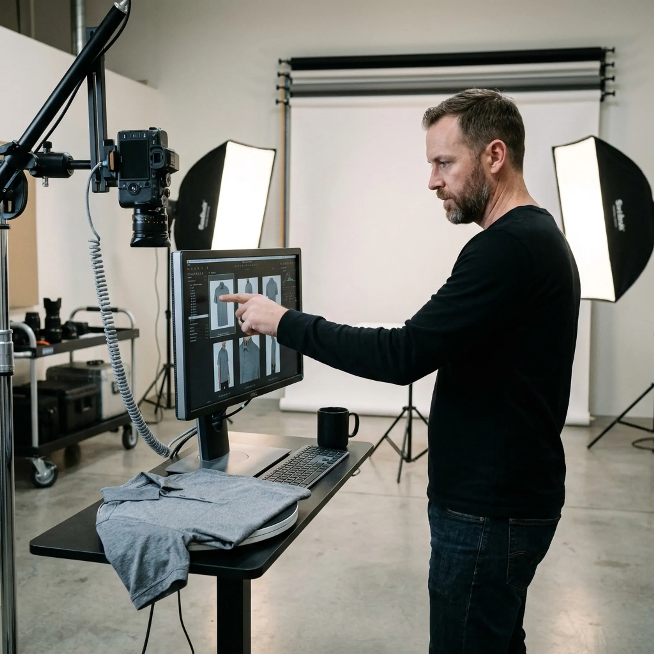 Photographer reviewing high-resolution commercial campaign images on a studio monitor screen