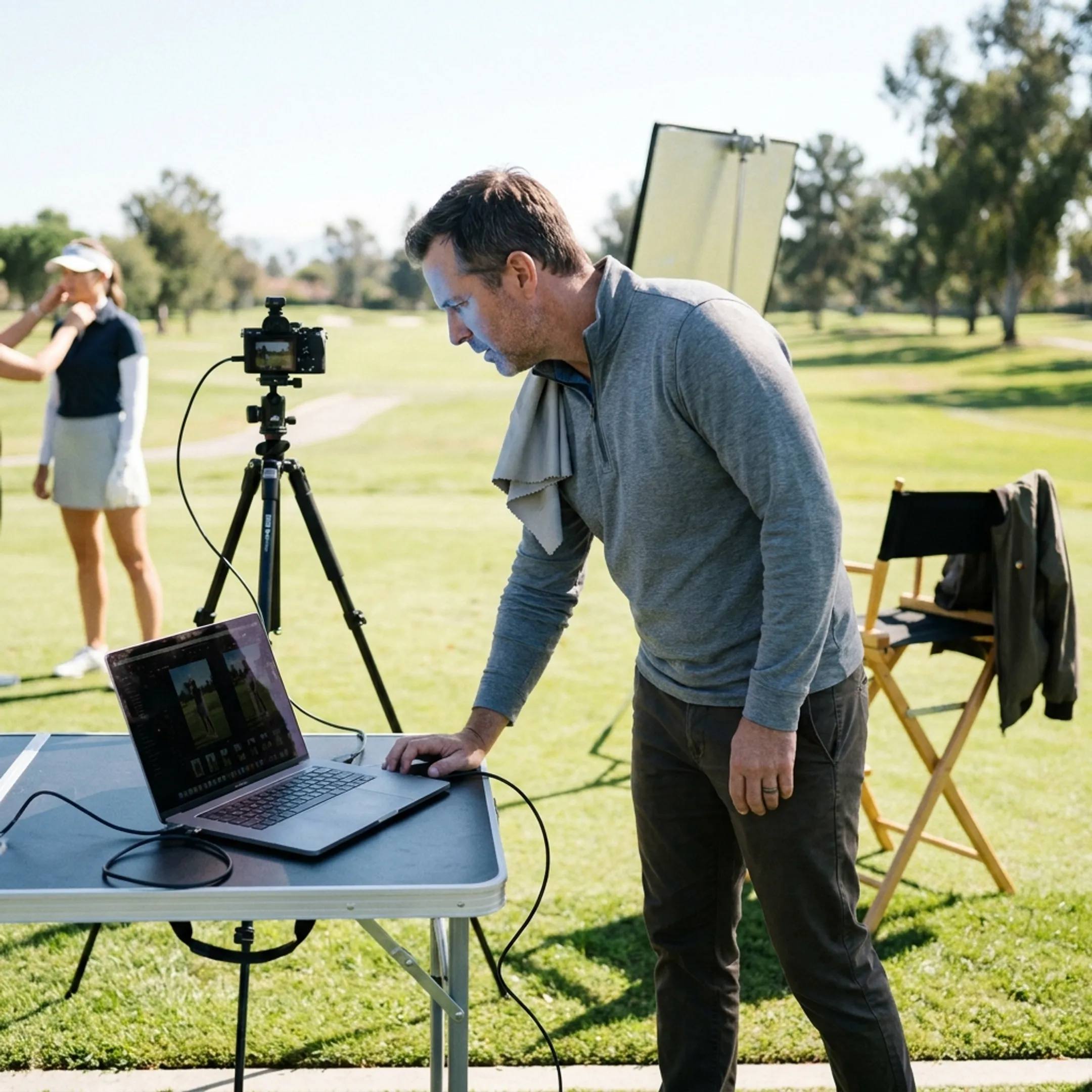 Photographer reviewing high-resolution images with a client on a laptop monitor on location.
