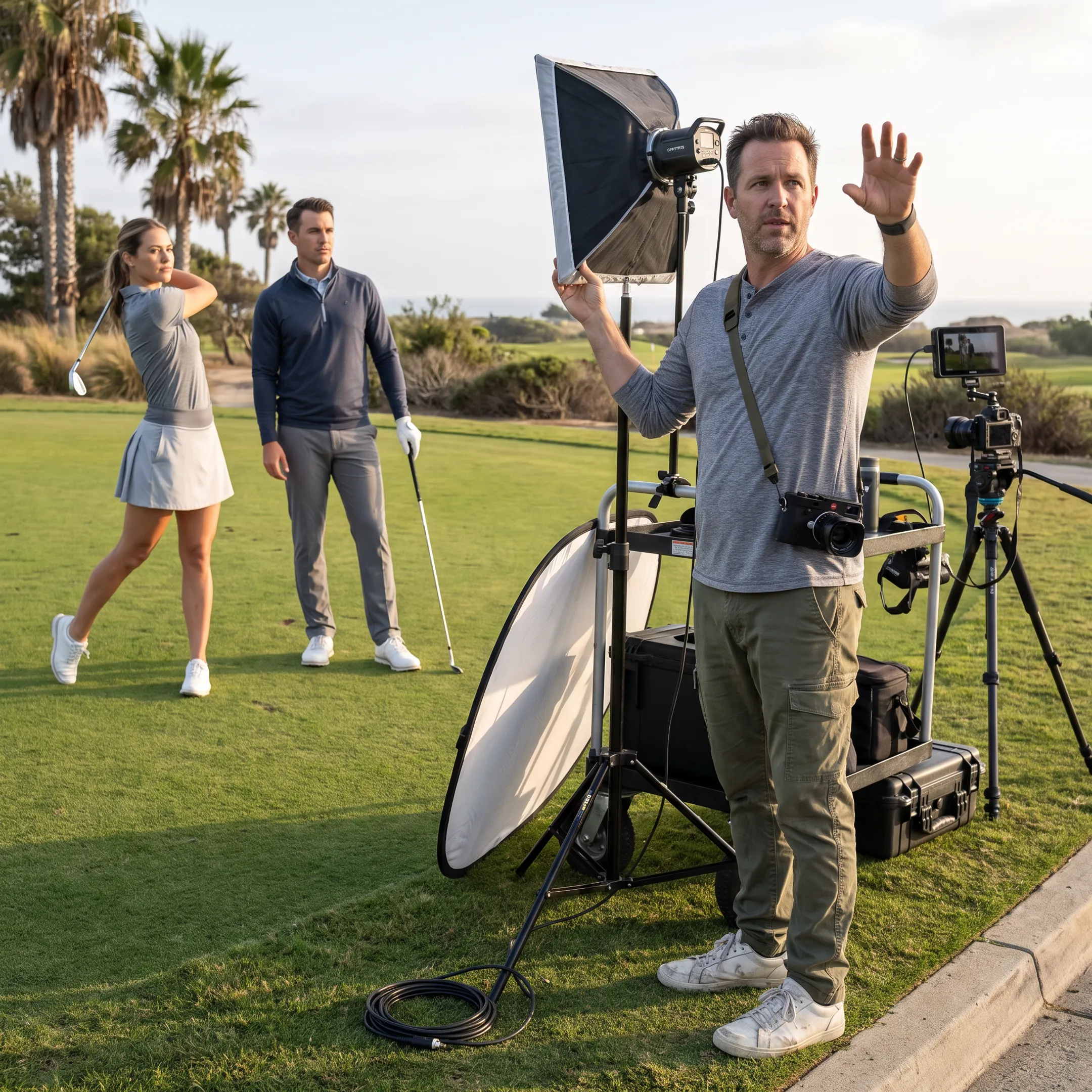 Commercial photographer directing an active lifestyle photoshoot on location outdoors.