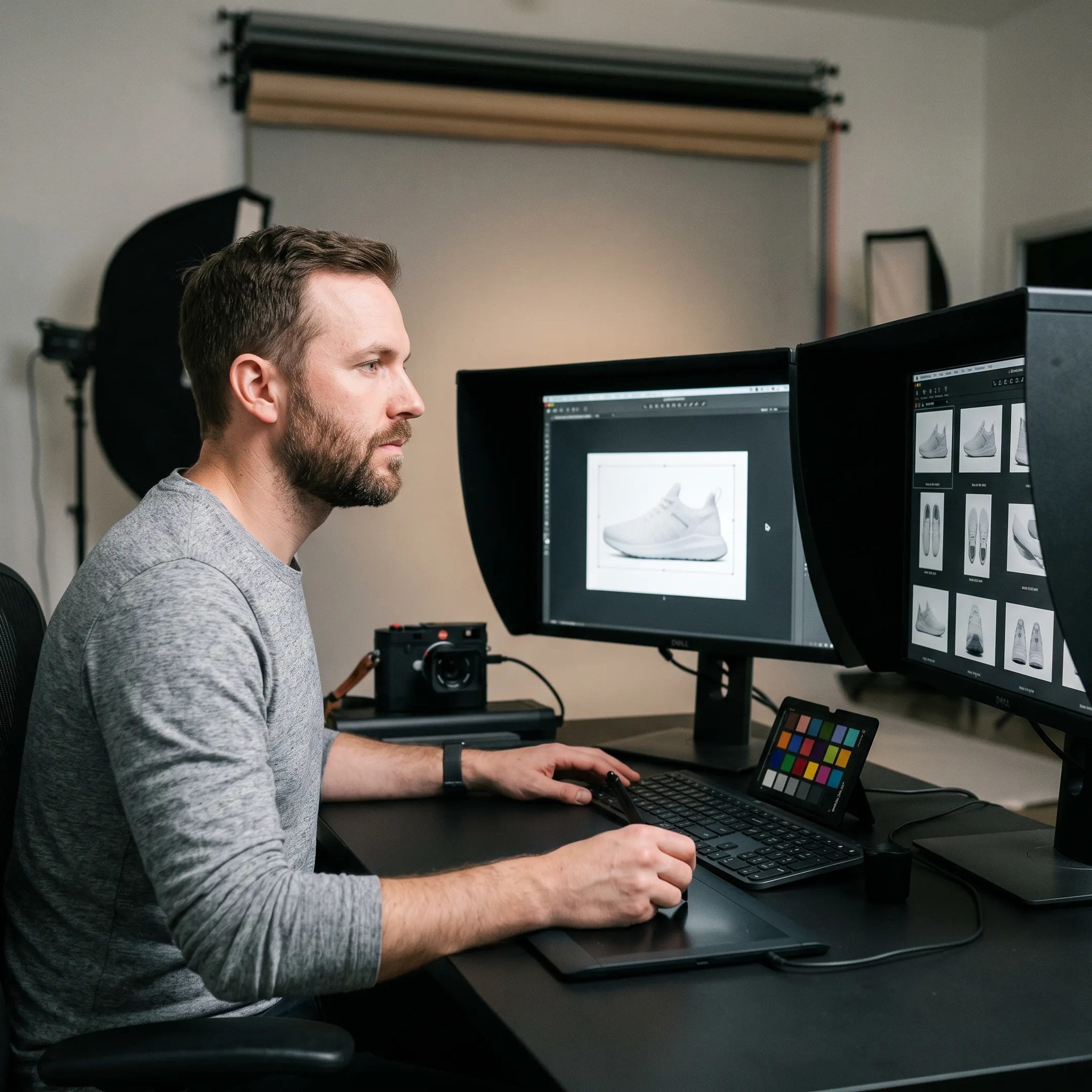Commercial photographer retouching Amazon product images on a studio monitor