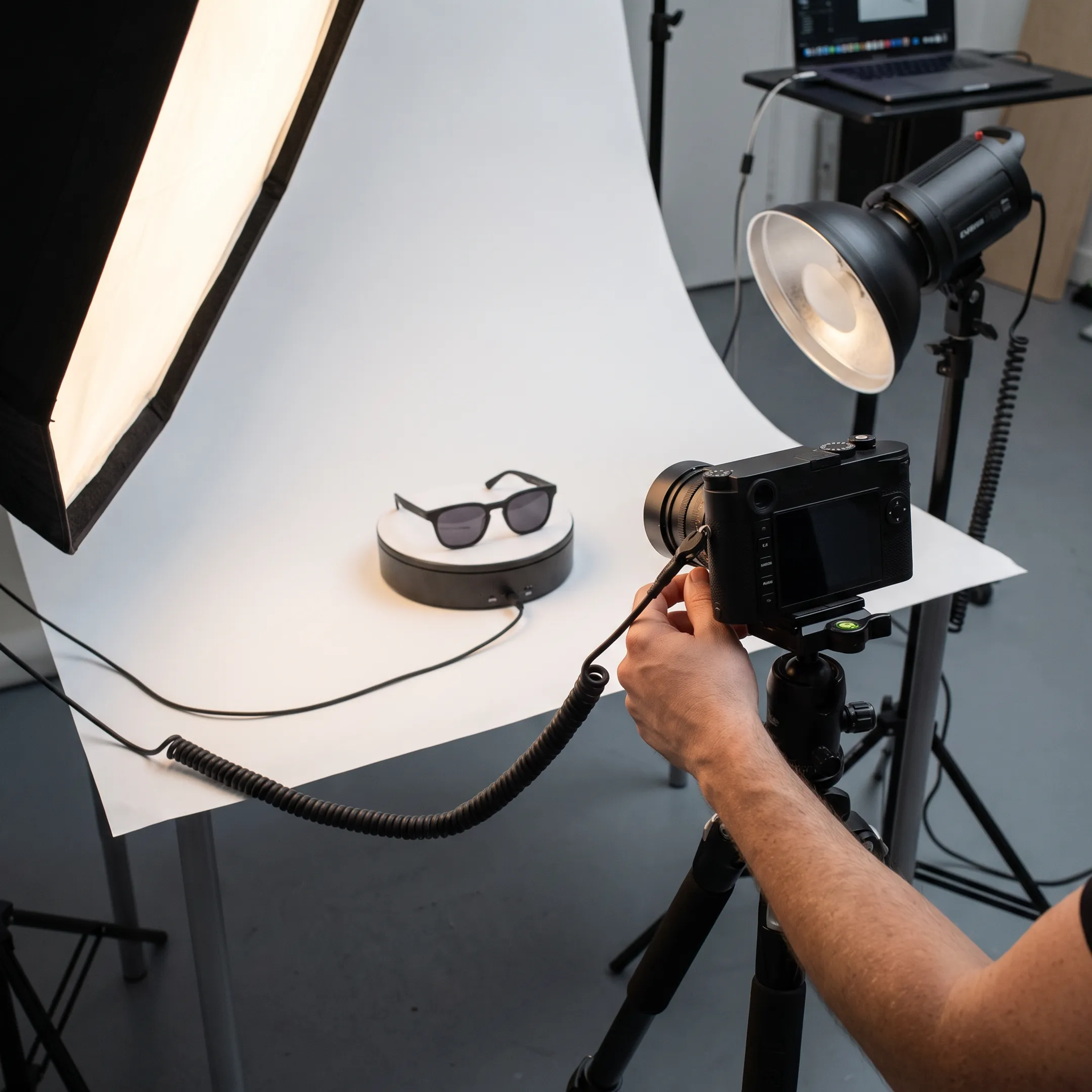 Commercial camera setup in studio capturing product photography for brand catalog