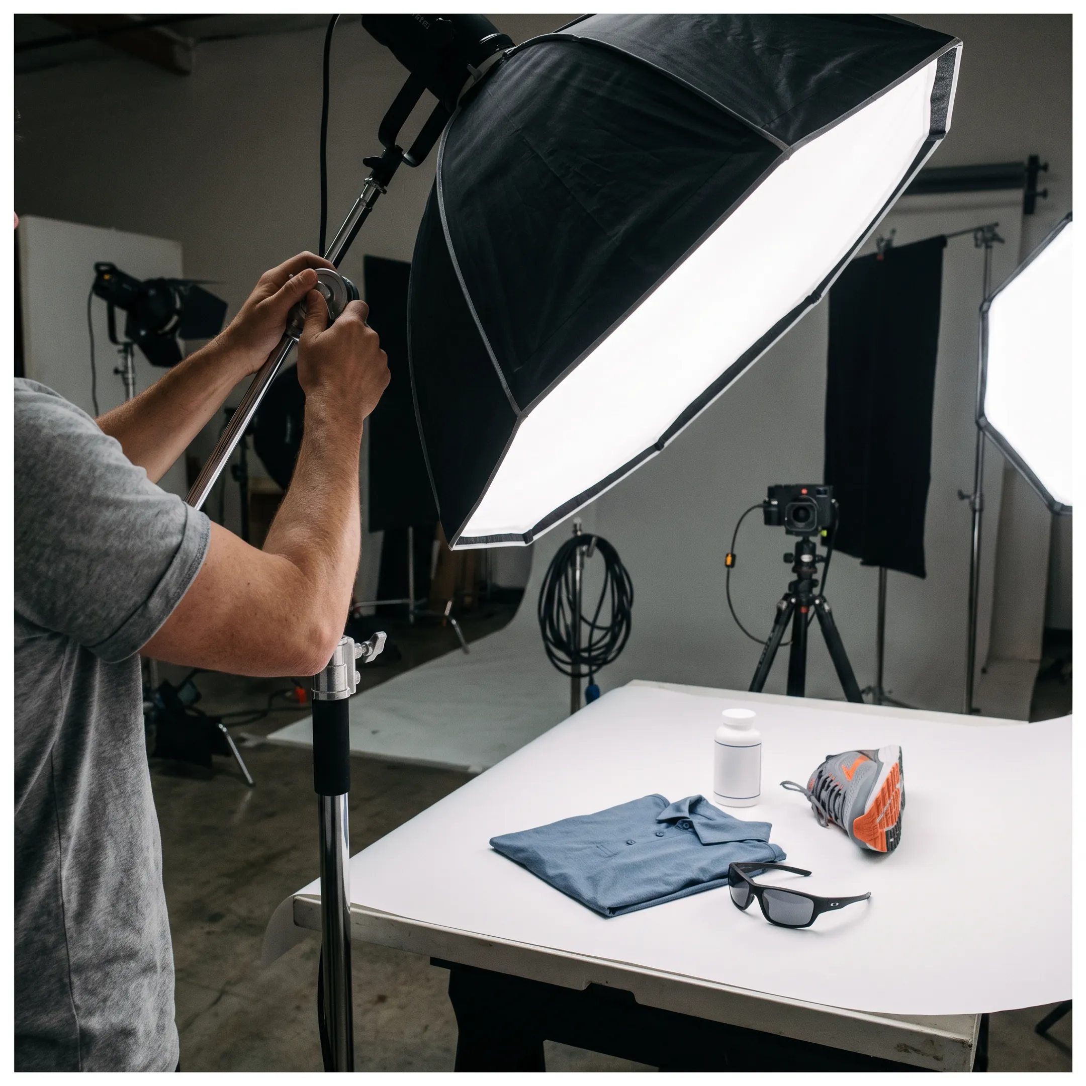 Commercial photographer adjusting studio lighting for product shoot