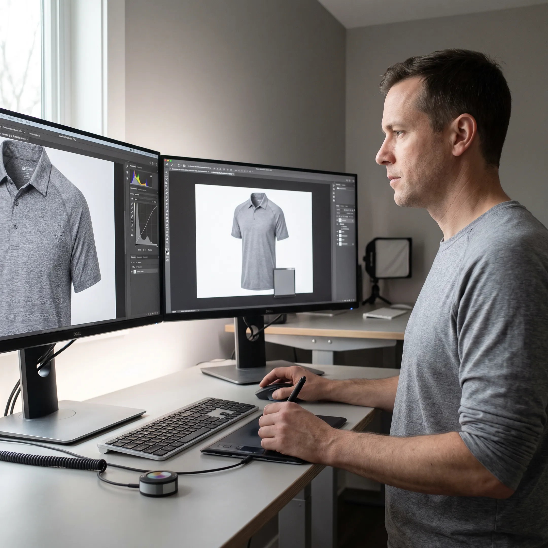 Commercial photographer retouching product images on high-resolution monitor