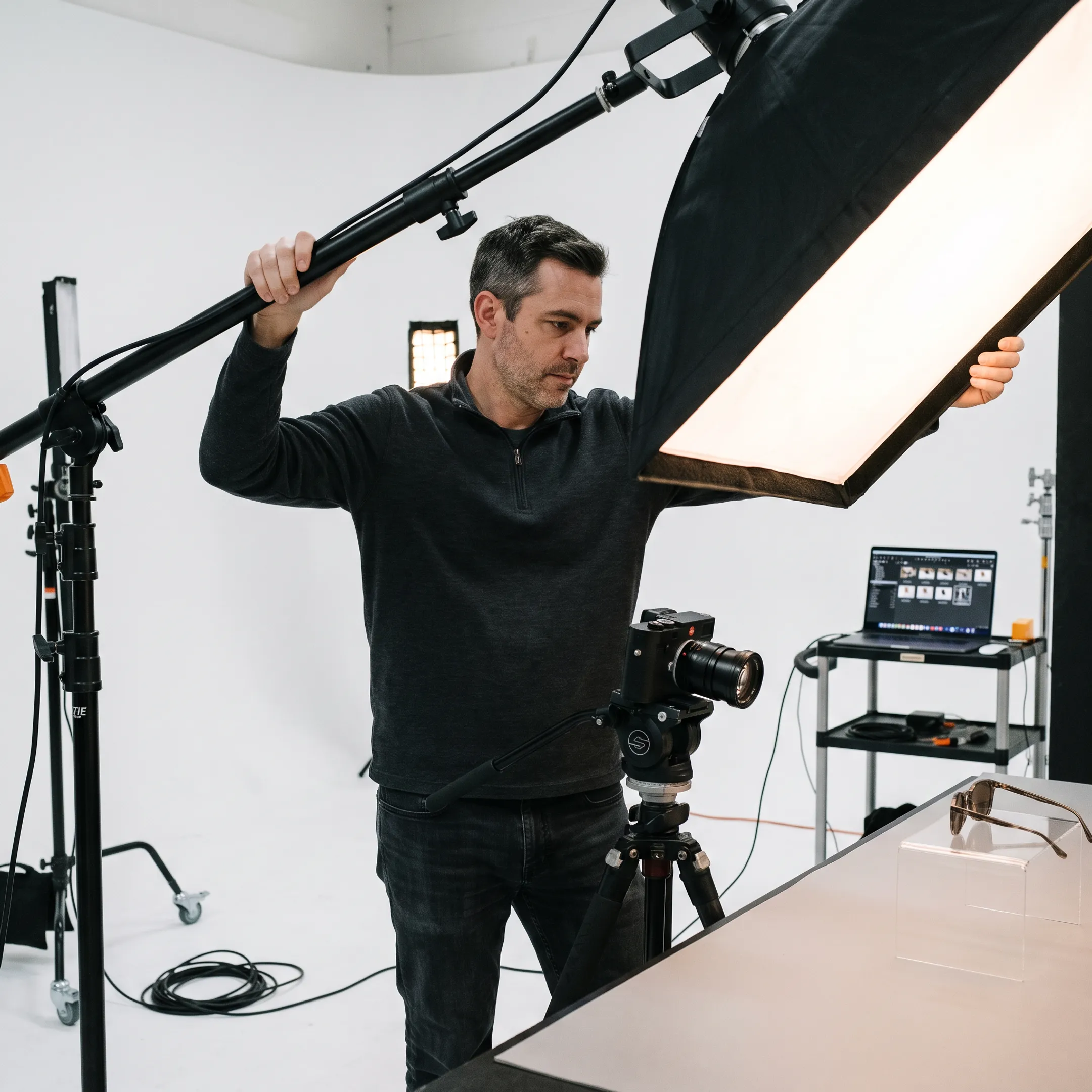 Commercial product photographer reviewing retouched images on a monitor