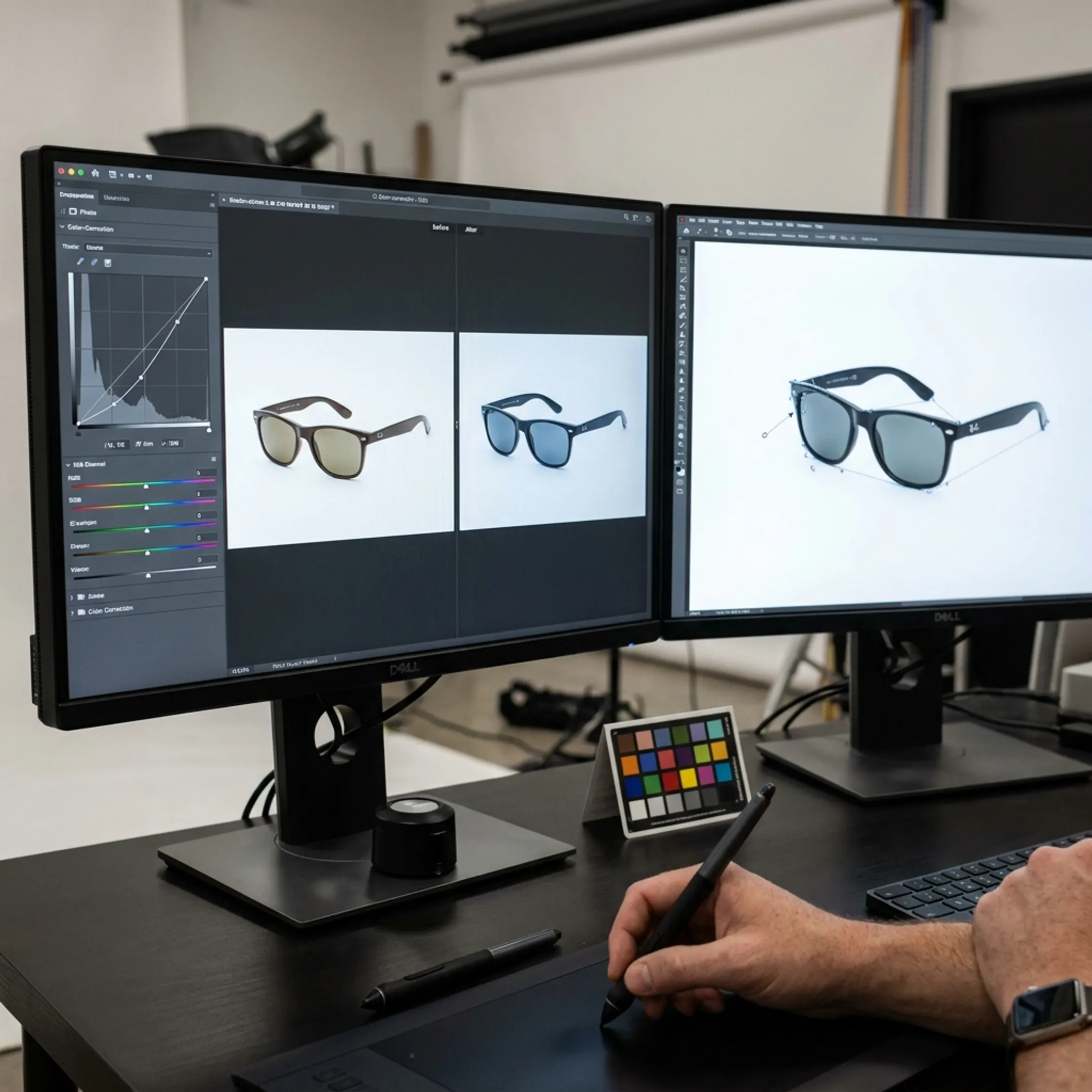 Retouched ecommerce product photography displayed on high-resolution monitor