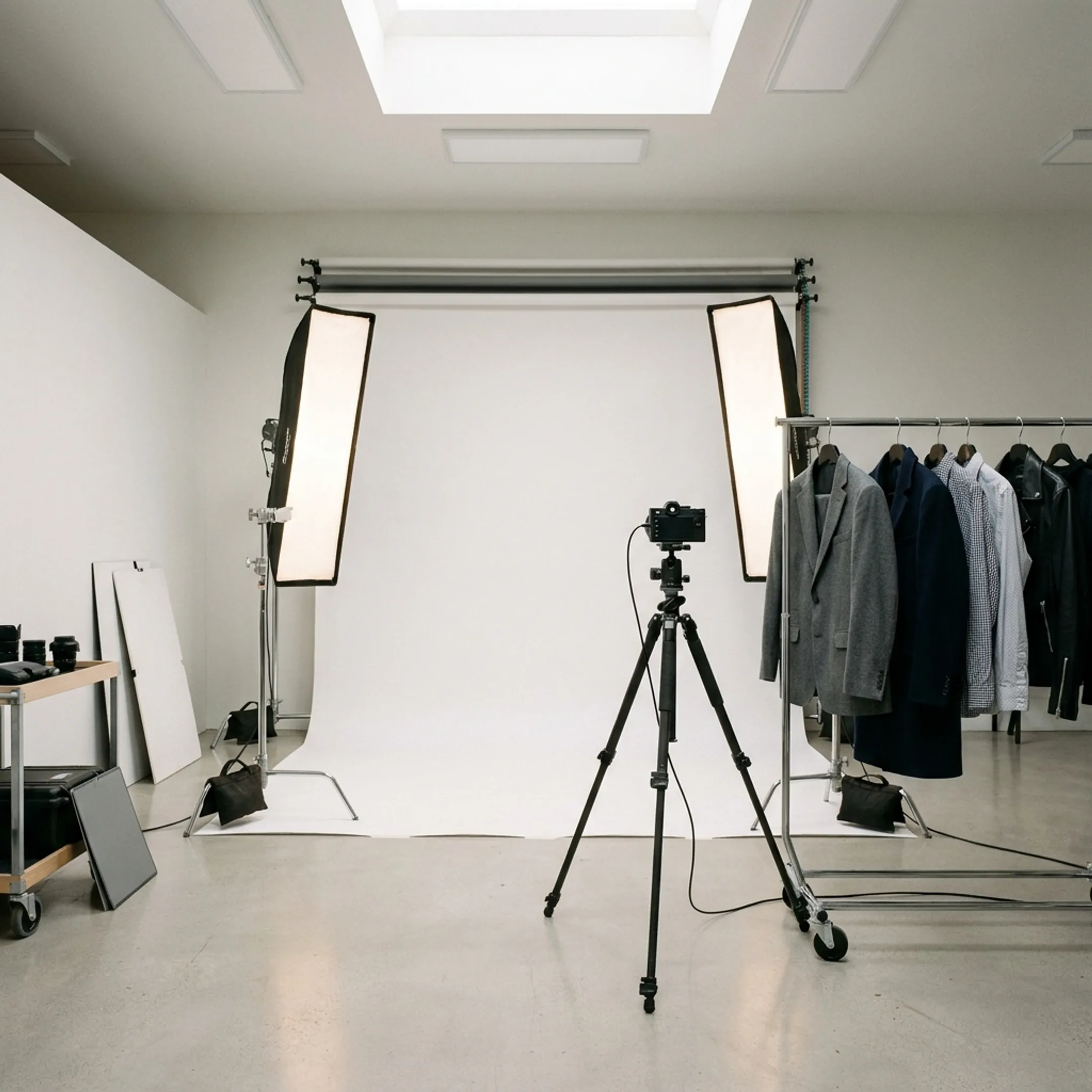 Professional fashion photography studio setup with lighting and apparel display
