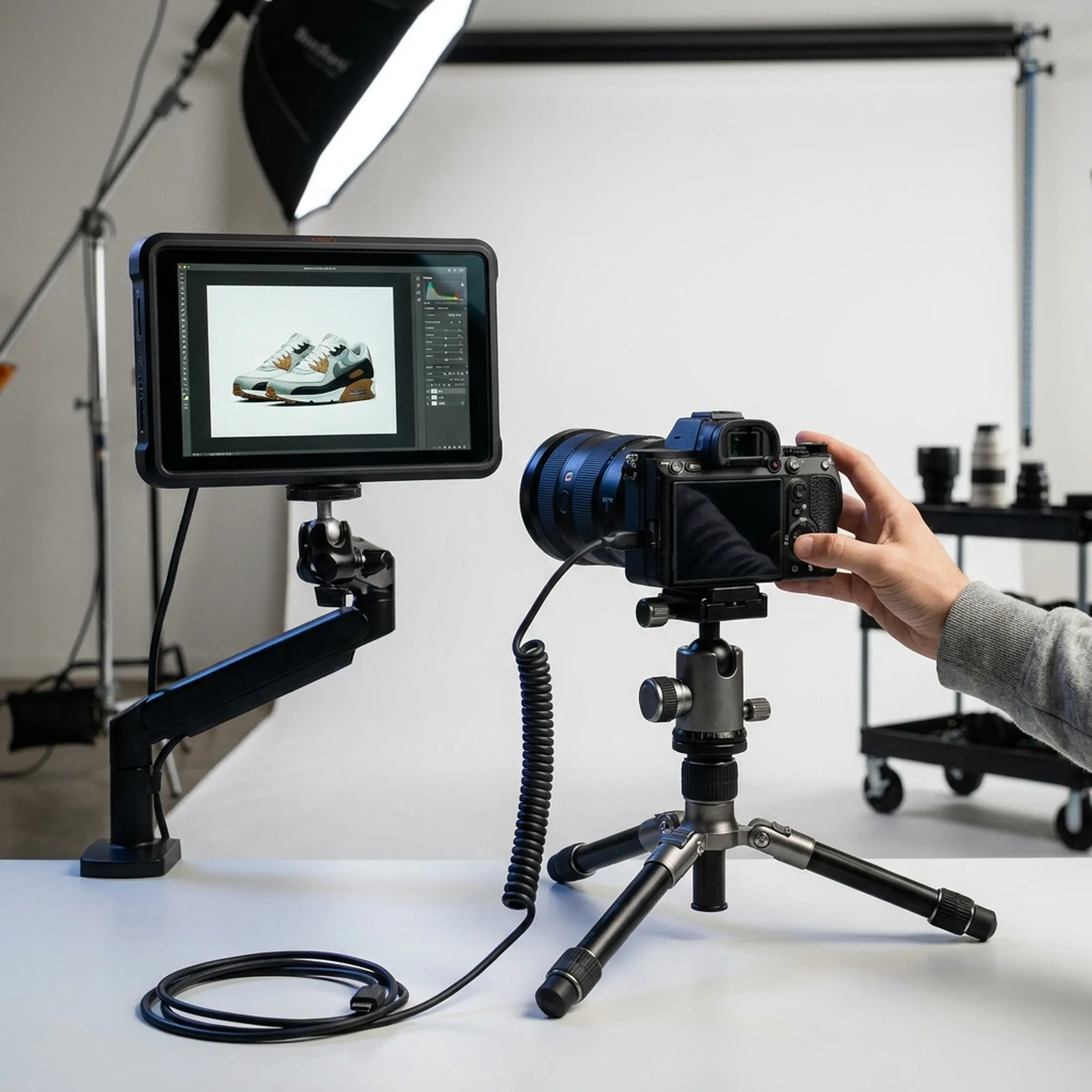 Commercial photographer reviewing crisp product photos on tethered workstation