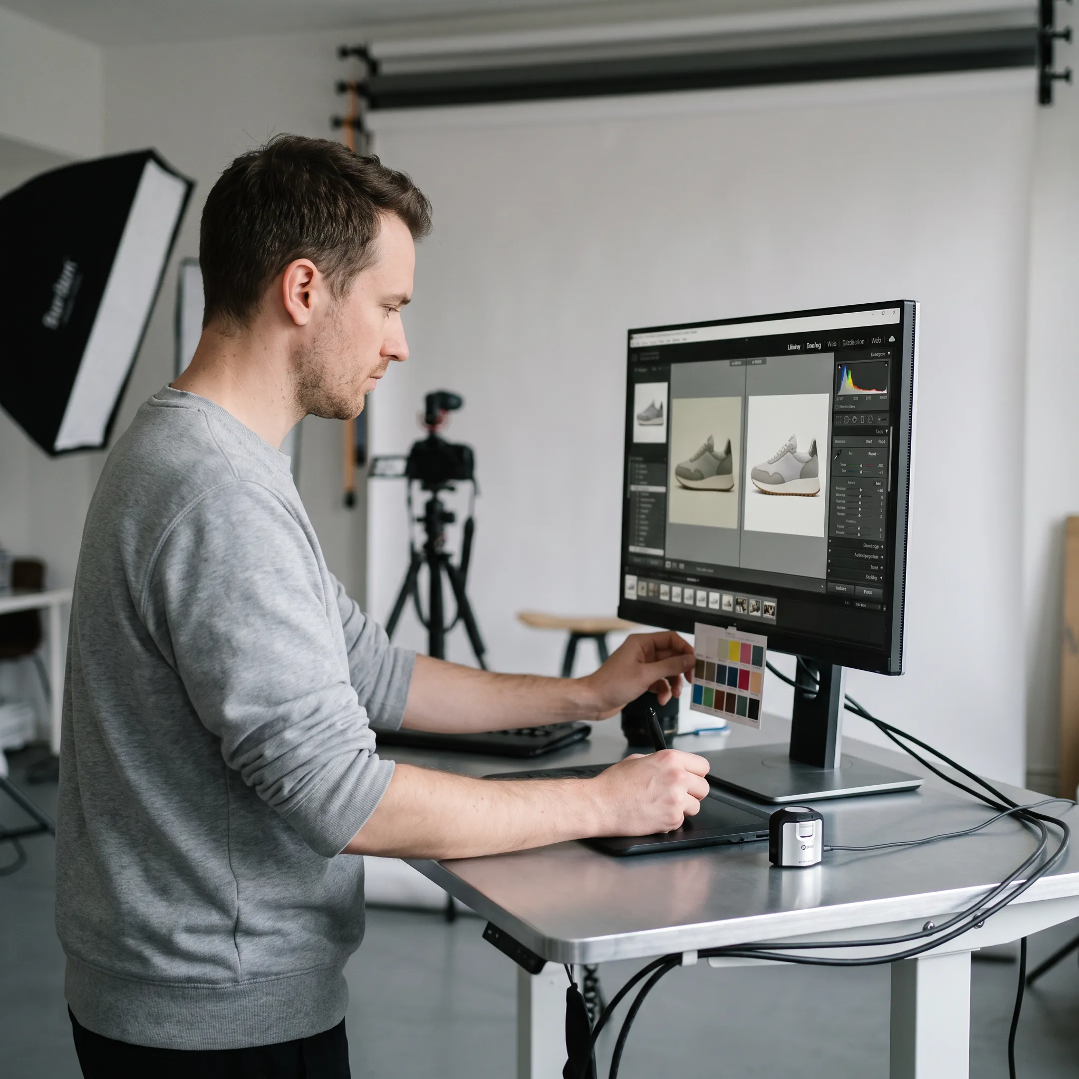 Professional photo retoucher editing commercial product photography on a calibrated screen