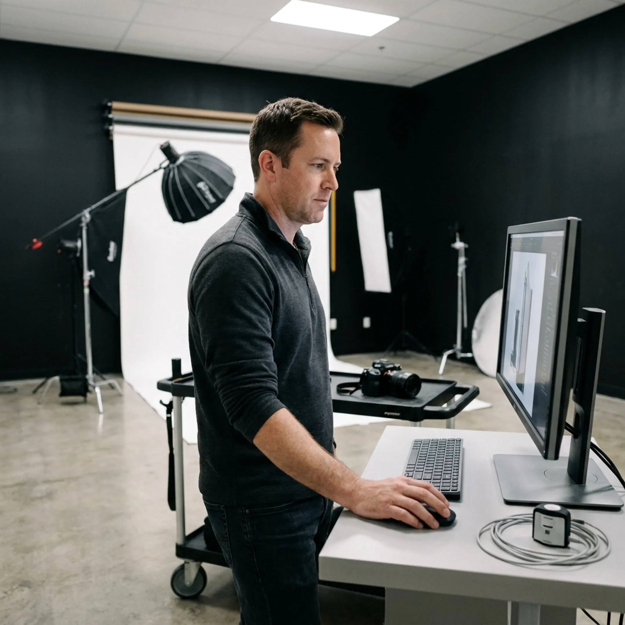 Commercial photographer reviewing crisp product visuals on a calibrated monitor in studio