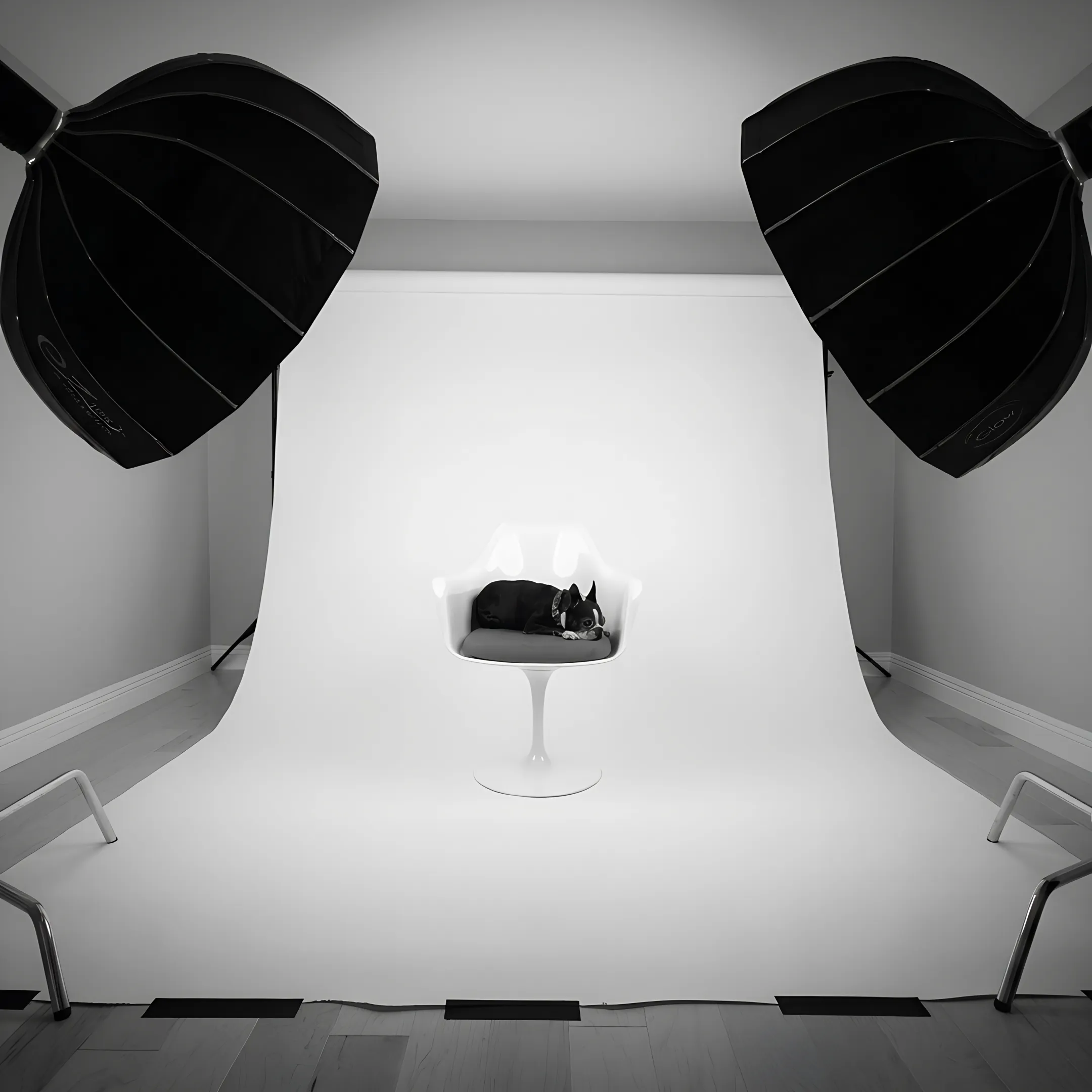 Professional product photography setup with packaged consumer goods and studio lighting