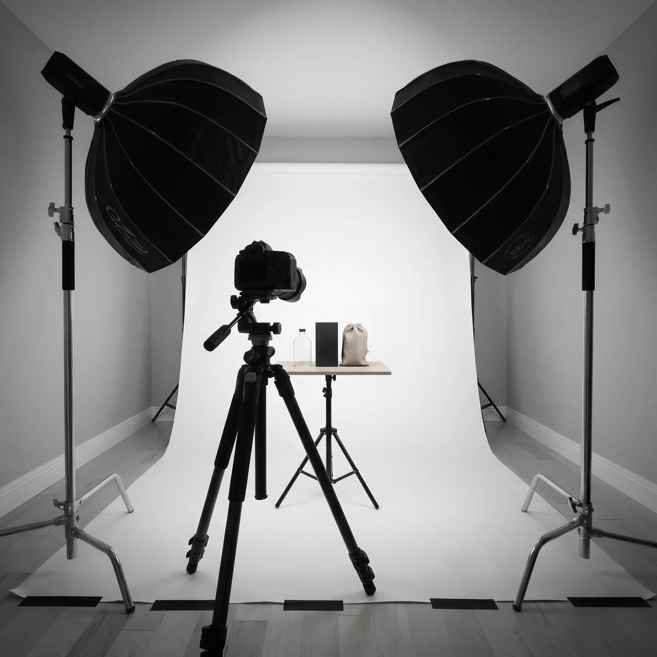 Commercial photography studio lighting and camera setup